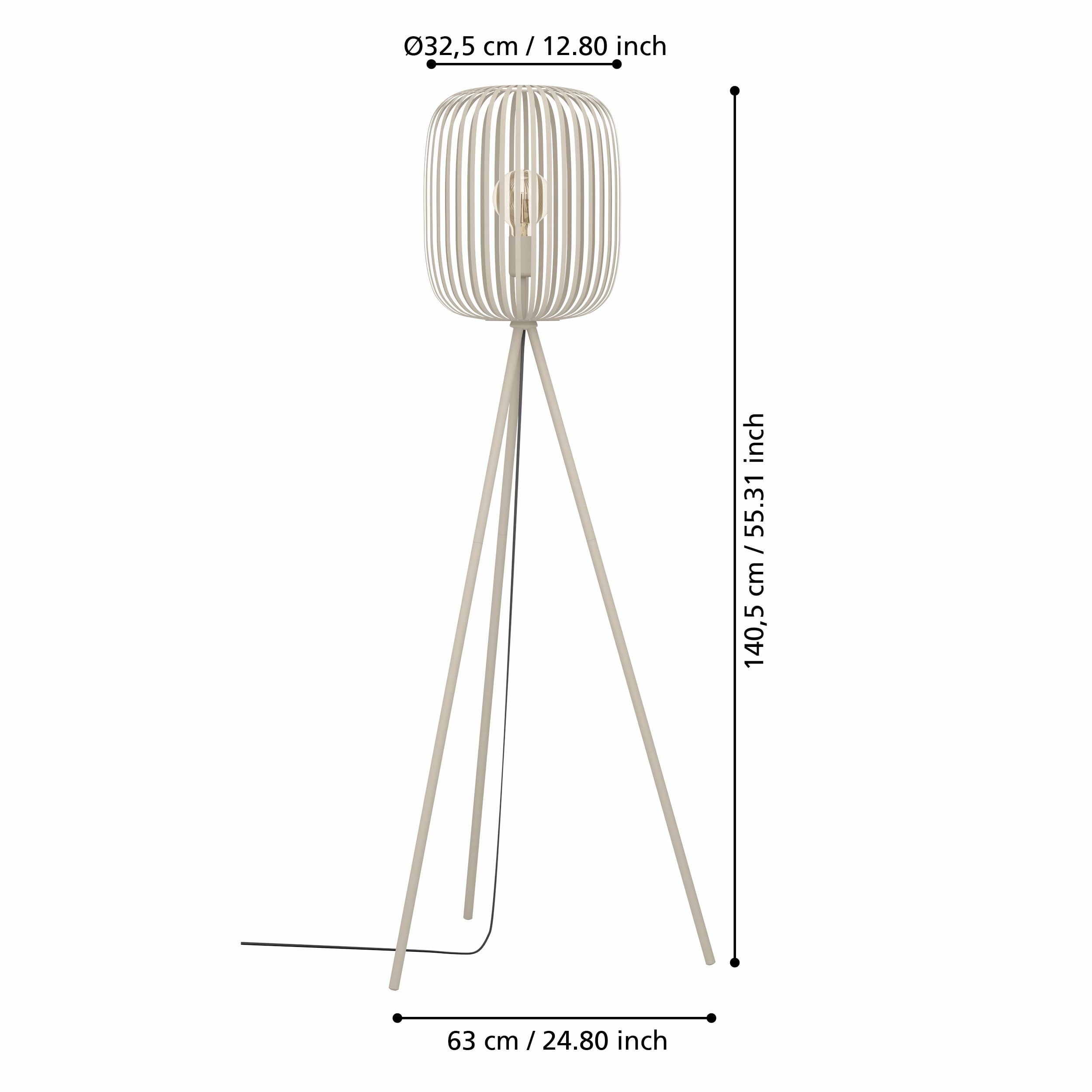Een beige vloerlamp met een cilindrische kap en drie poten. De afmetingen staan op de afbeelding.