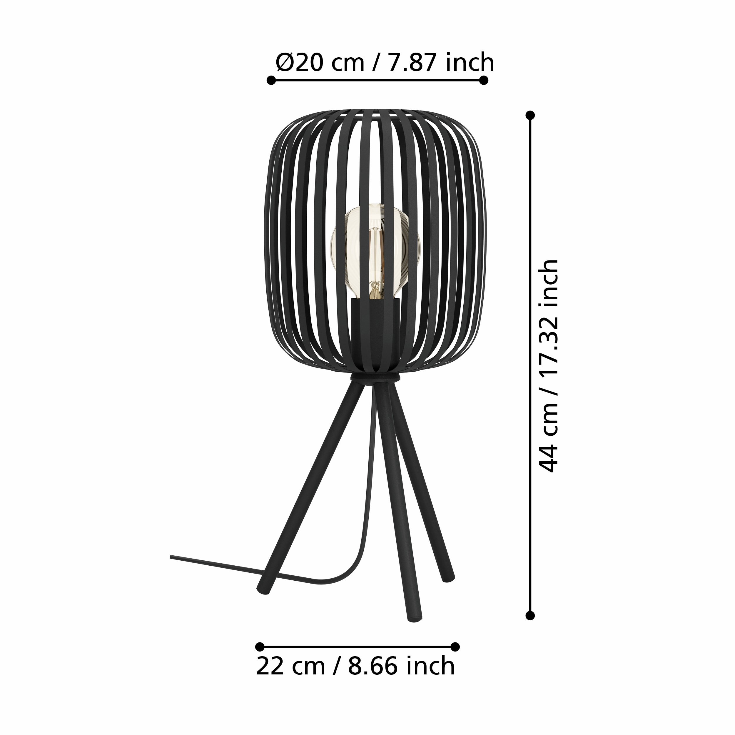 Een zwarte tafellamp met een kooi-achtige kap en een driepoot. Afmetingen worden weergegeven op de afbeelding.