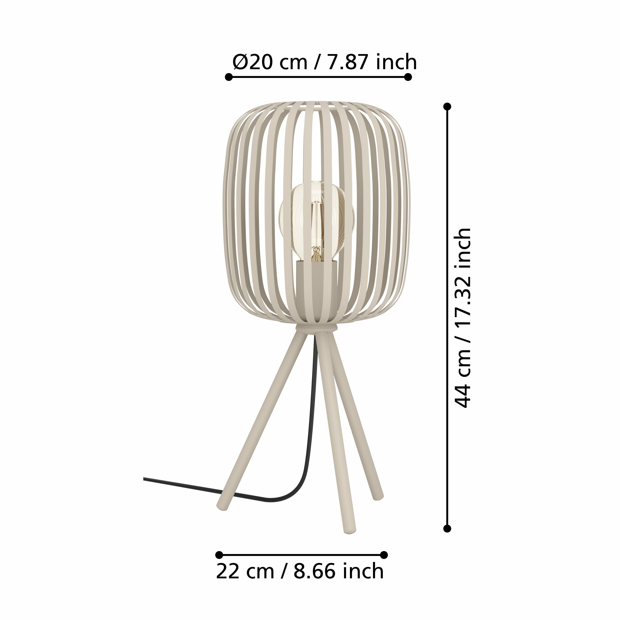 Een beige tafellamp met een kooivormige kap, een gloeilamp erin en een driepoot. Afmetingen staan op de afbeelding.