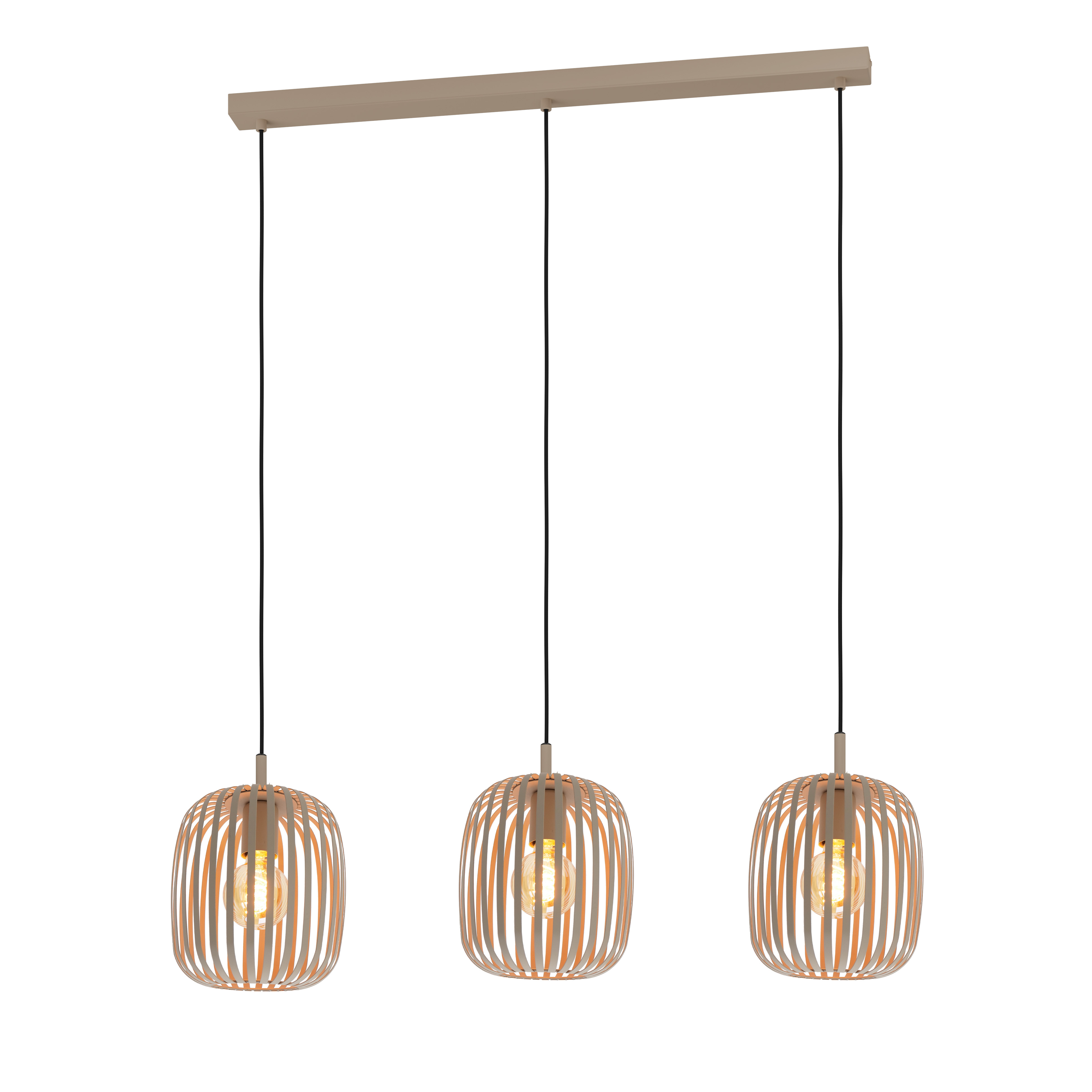 Drie hanglampen met houten kappen en zichtbare gloeilampen die aan een beige balk hangen.