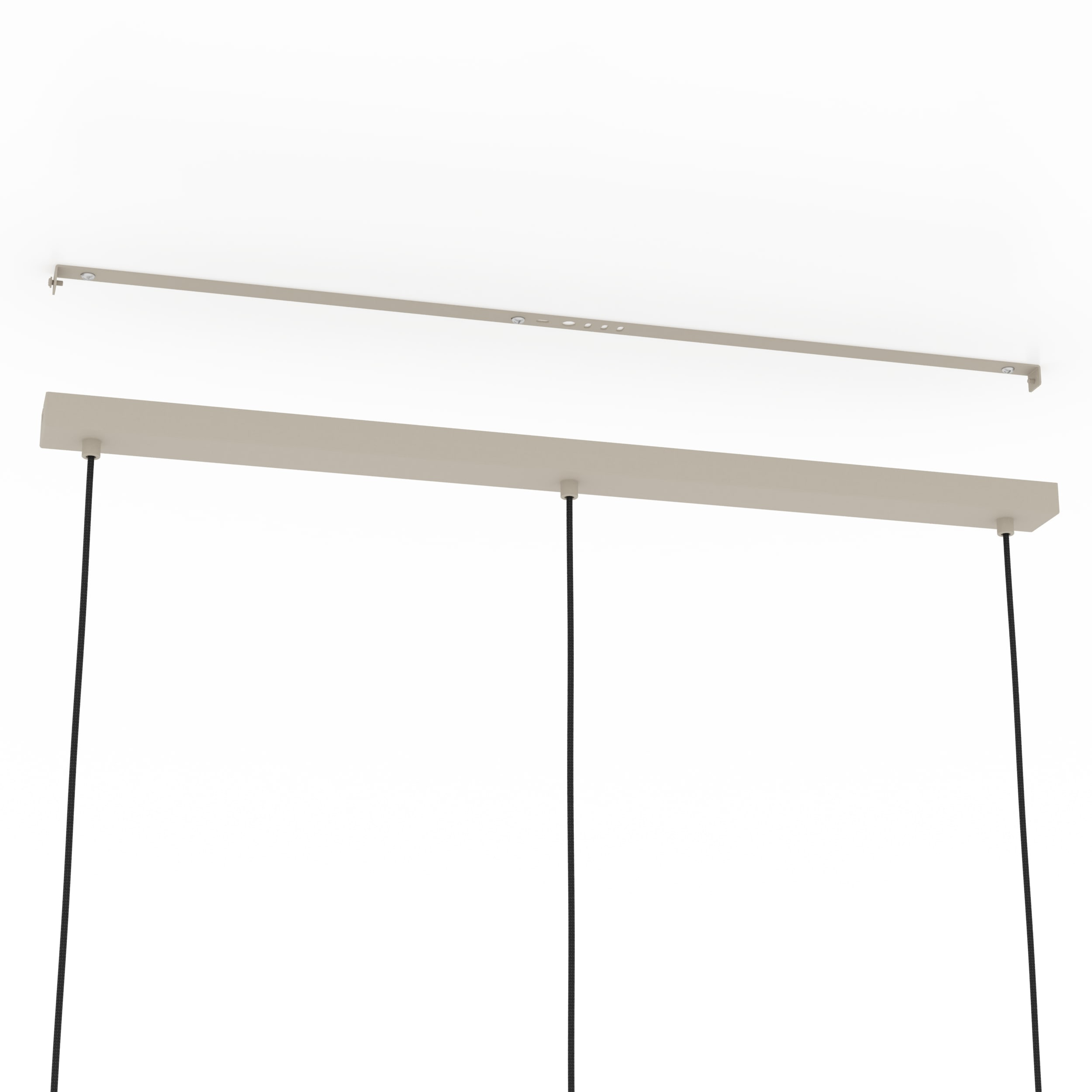 Een moderne armatuur met twee beige balken en zwarte hangende snoeren. De achtergrond is wit.