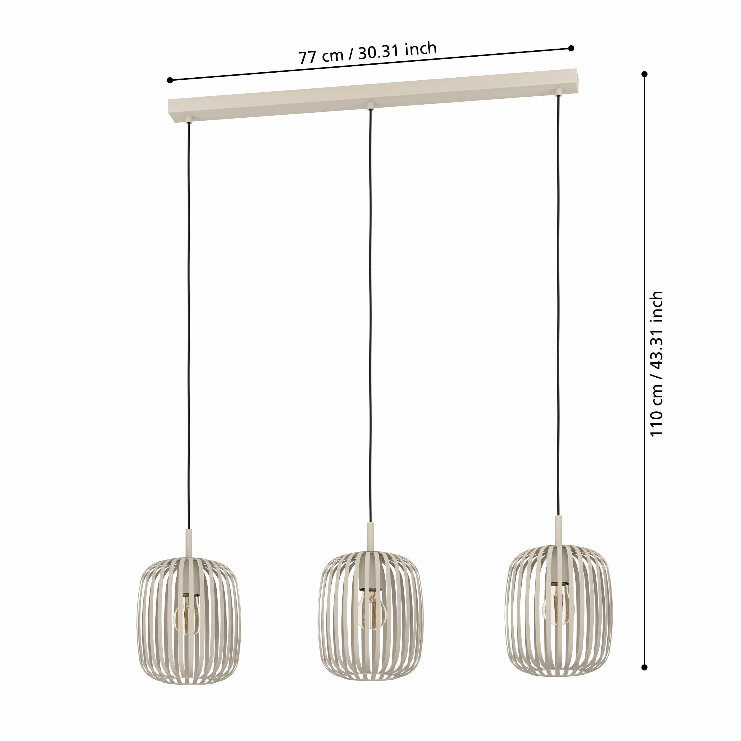 Drie hanglampen met kooivormige tinten, crèmekleur. Een horizontale balk ondersteunt ze. Afmetingen worden aangegeven.