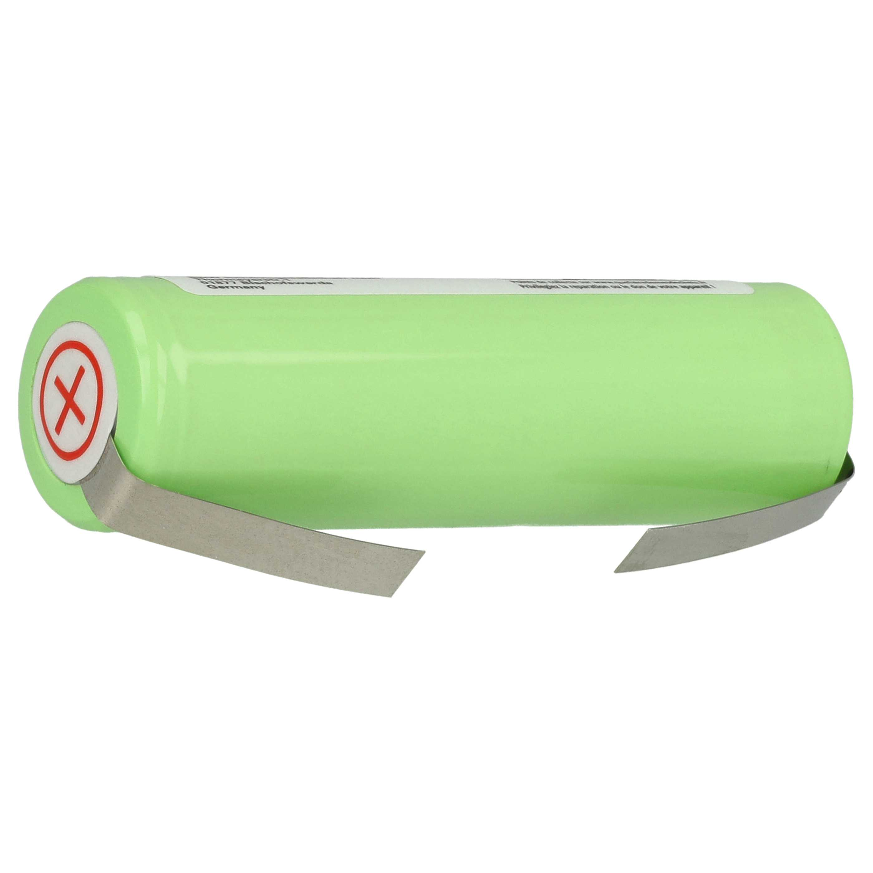 Eine grüne zylindrische Batterie mit weißem Etikett und rotem X-Symbol. Metalllaschen erstrecken sich seitlich.