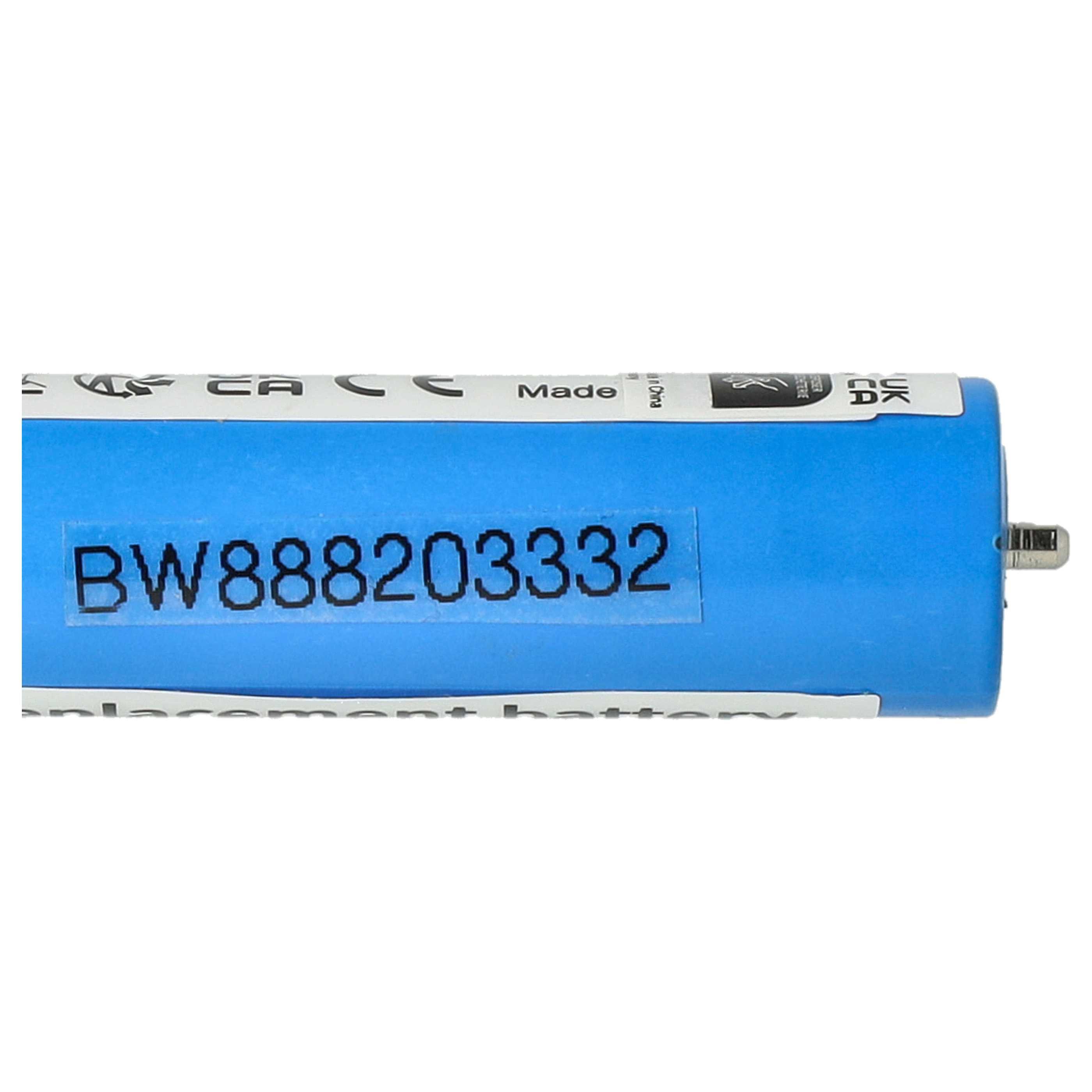 Eine zylindrische blaue Batterie mit einem Aufkleber mit der Nummer BW888203332 und anderen Markierungen.