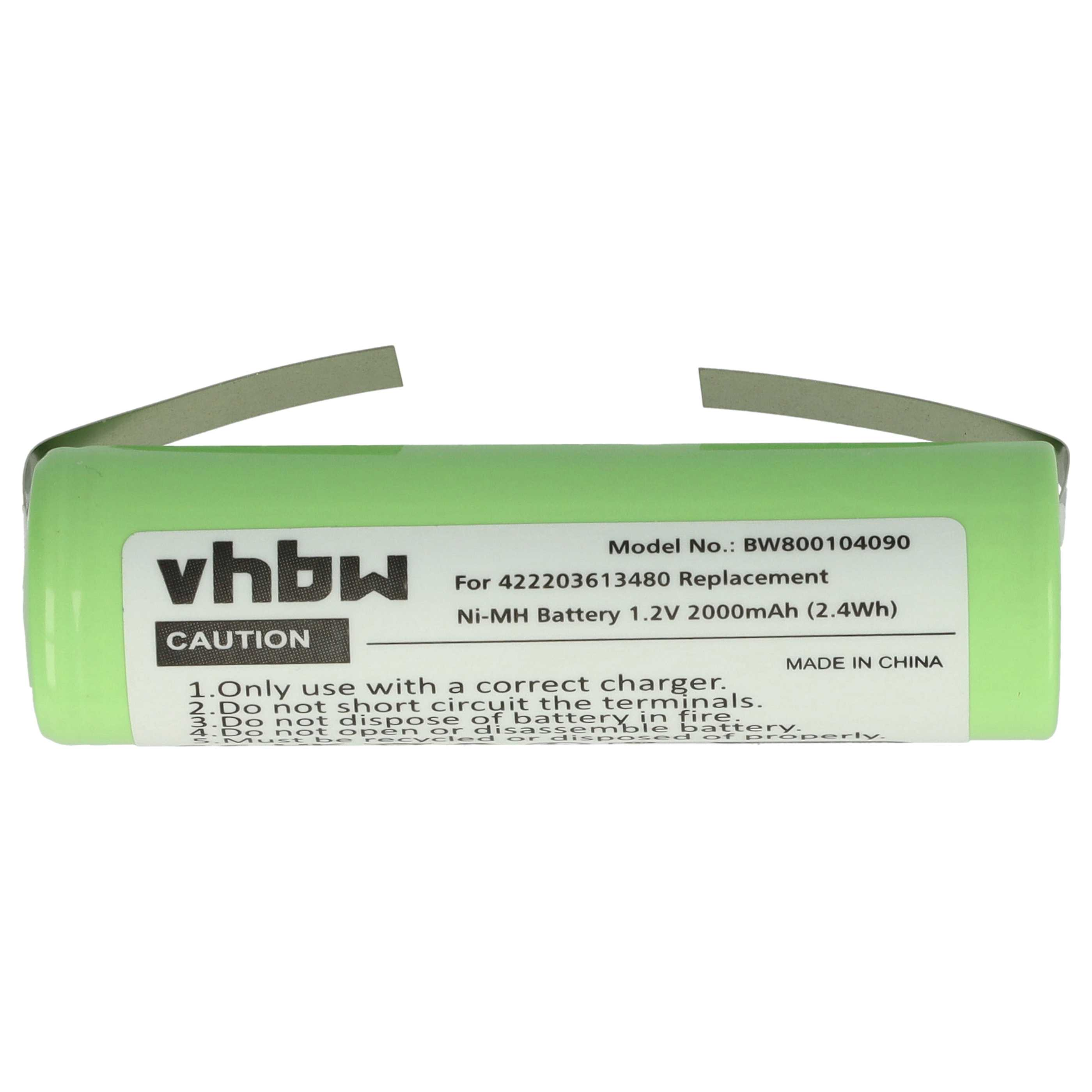 Ein grüner Akku mit Metallklammern. Text enthält 'vhbw', 'CAUTION' und Spezifikationen. Hergestellt in China.