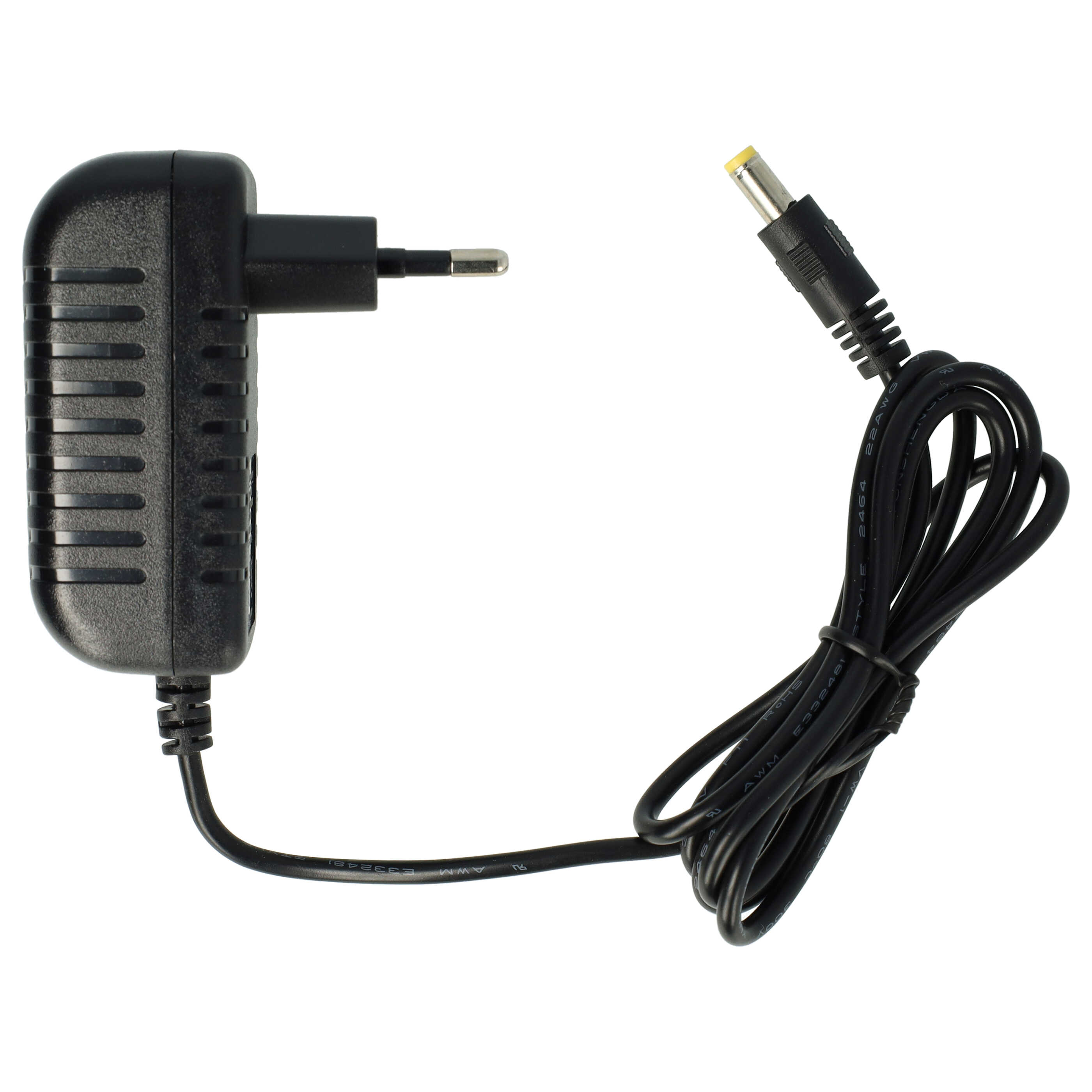 Ein schwarzes Netzteil mit europäischem Stecker, einem schwarzen Kabel und einem gelbspitzigen Stecker auf weißem Hintergrund.