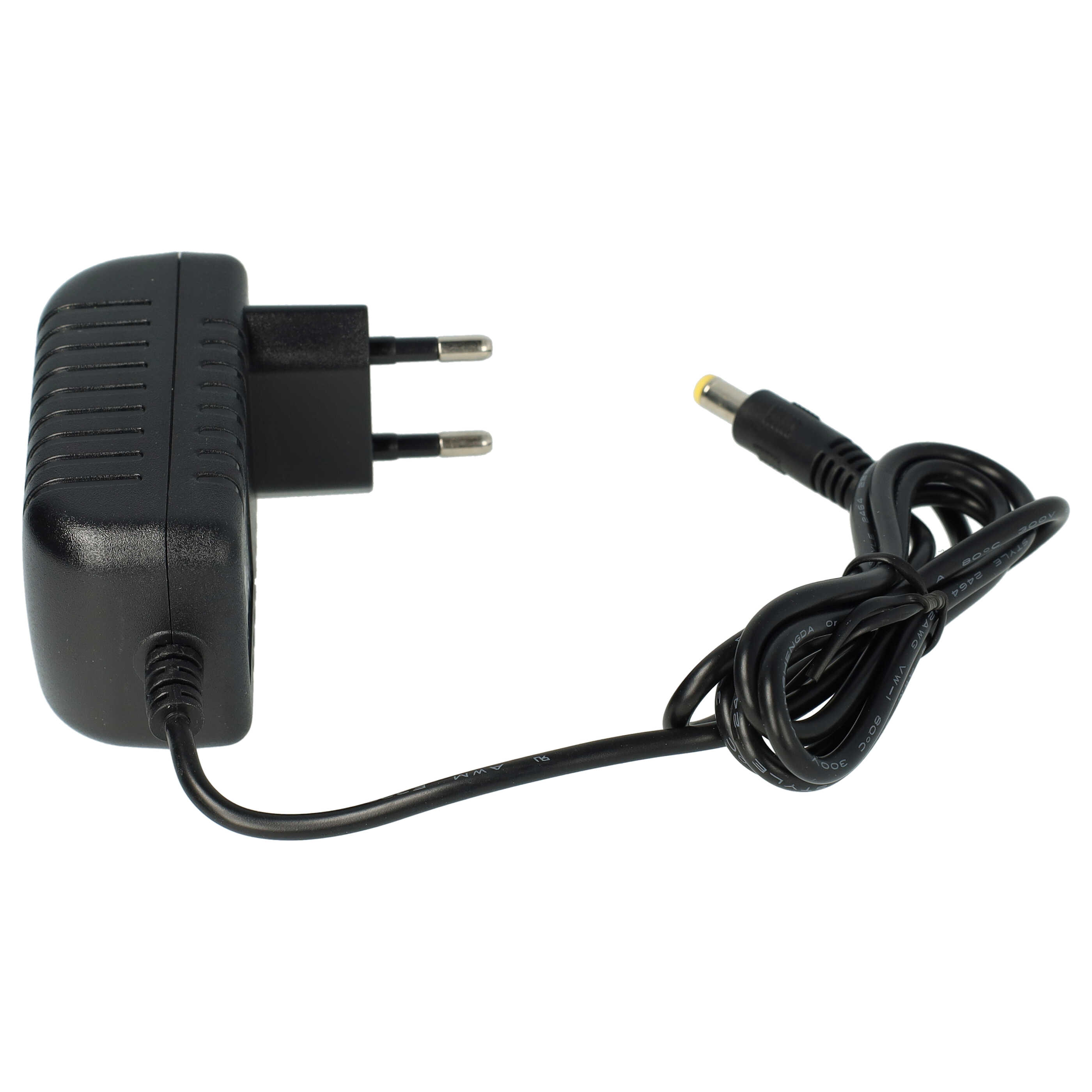 Schwarzes Netzteil mit Stecker und Kabel mit gelbem Stecker an weißer Oberfläche.