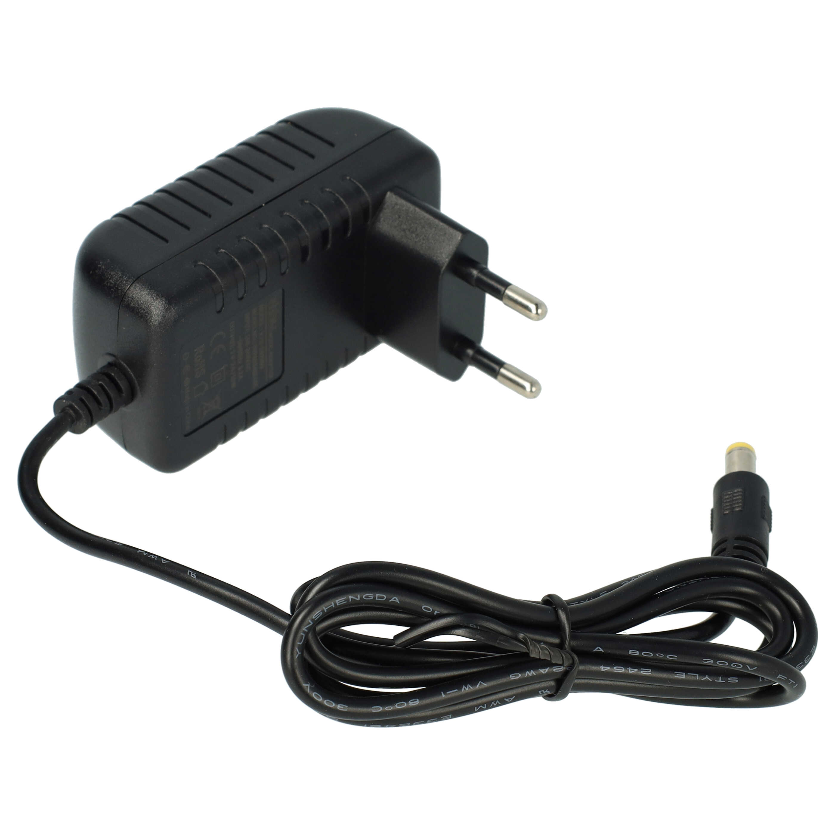 Ein schwarzes AC-Netzteil mit Zweipolstecker, Kabel und DC-Anschluss auf weißem Hintergrund.