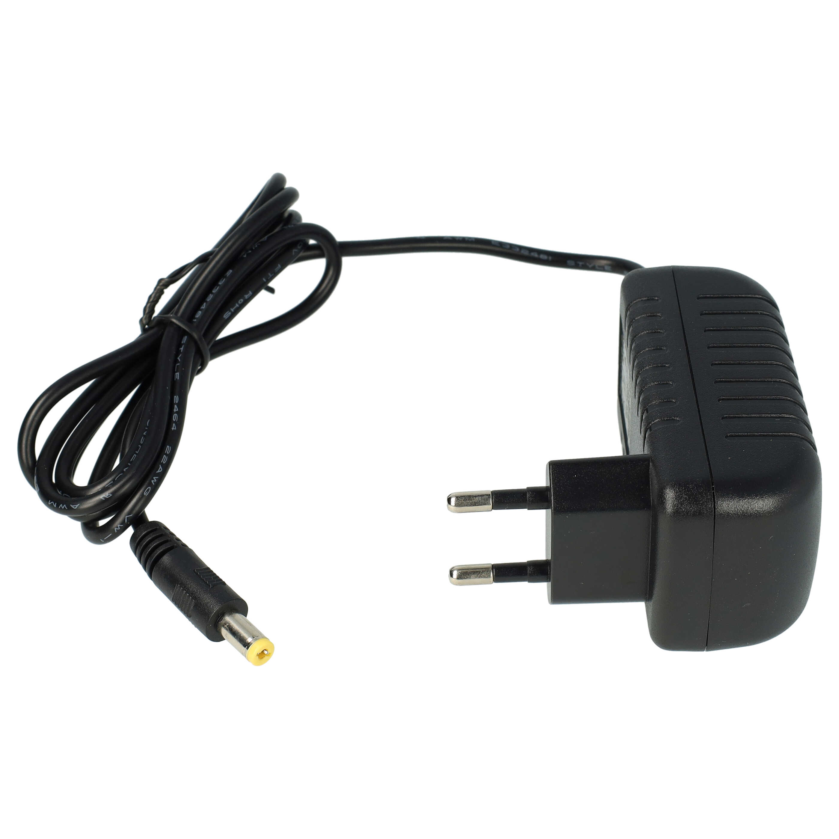 Schwarzes Netzteil mit Eurostecker und schwarzem Kabel. Das Kabel hat einen Stecker mit gelbem Innenraum.