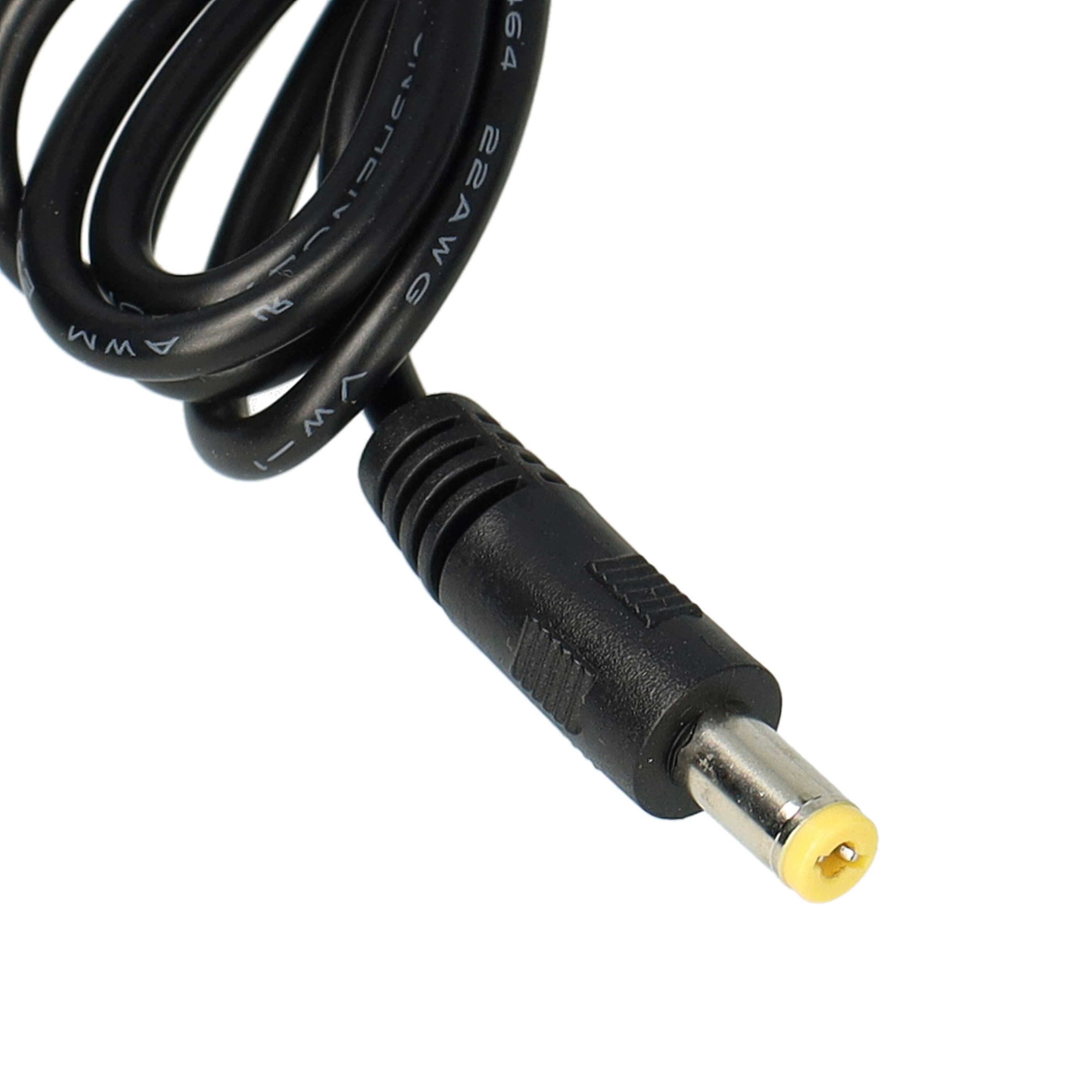 Schwarzes Netzkabel mit schwarzem Stecker und silberner Spitze mit gelber Mitte.