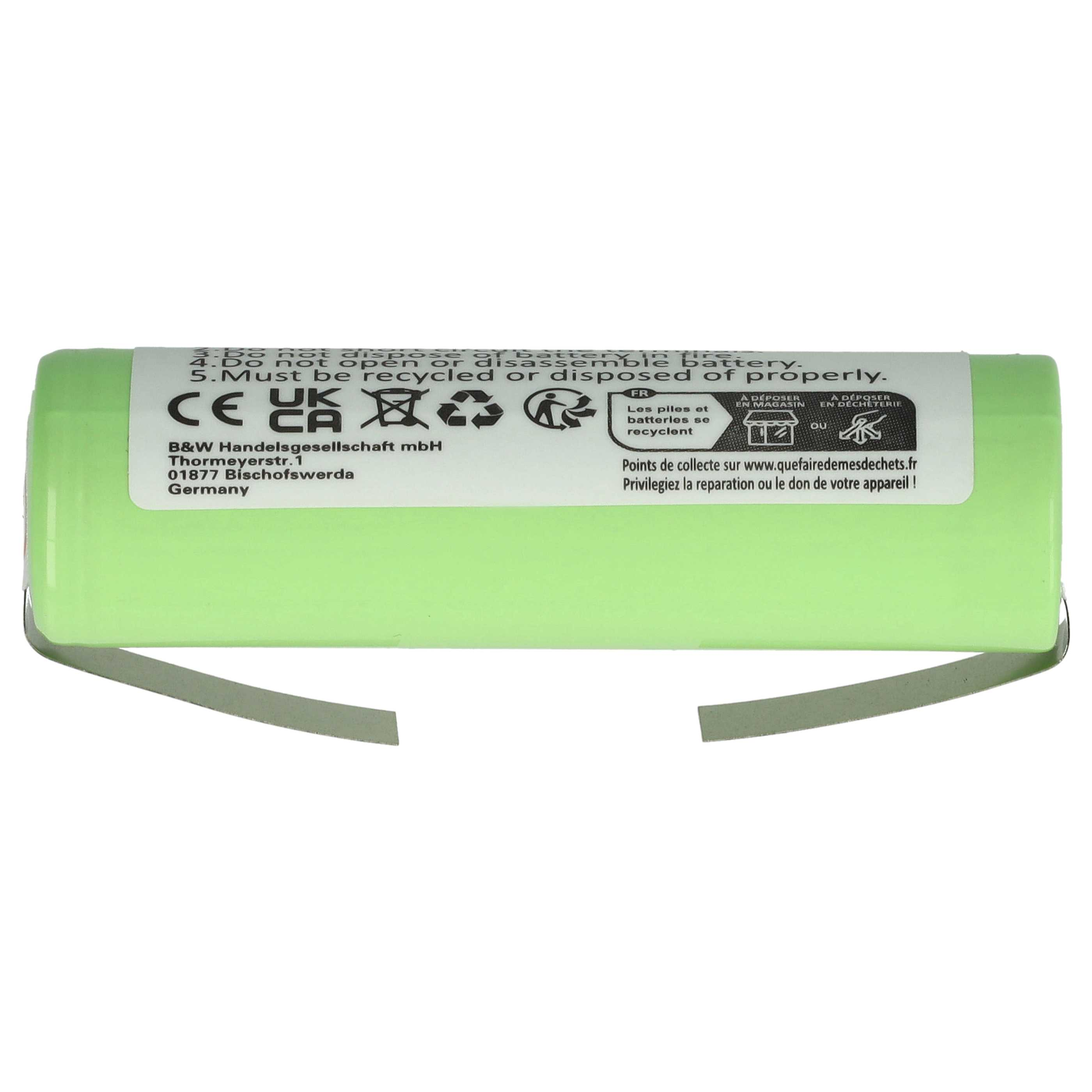 Eine grüne Batterie mit Recycling-Symbolen und Text. Sie hat Metallstreifen unten.