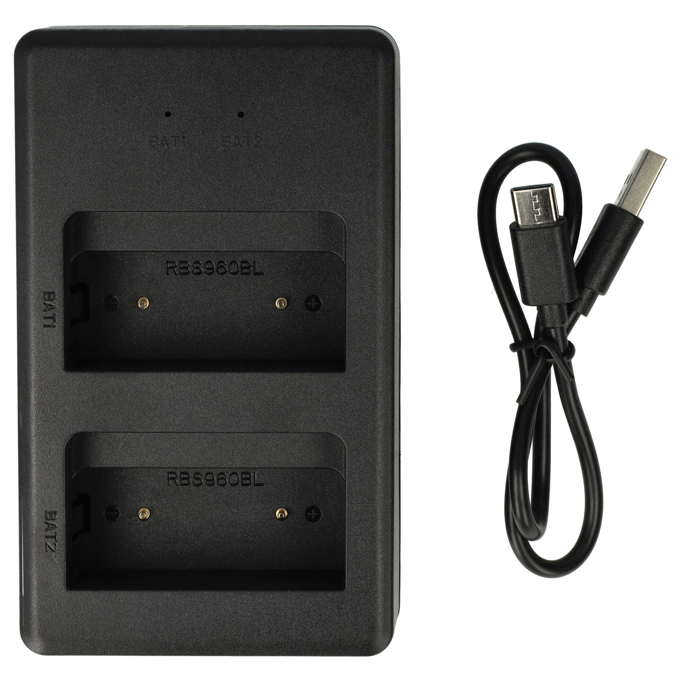Schwarzes Batterieladegerät mit zwei Schlitzen und einem Ladekabel. Das Ladegerät trägt die Aufschrift 'BAT1' und 'BAT2'.