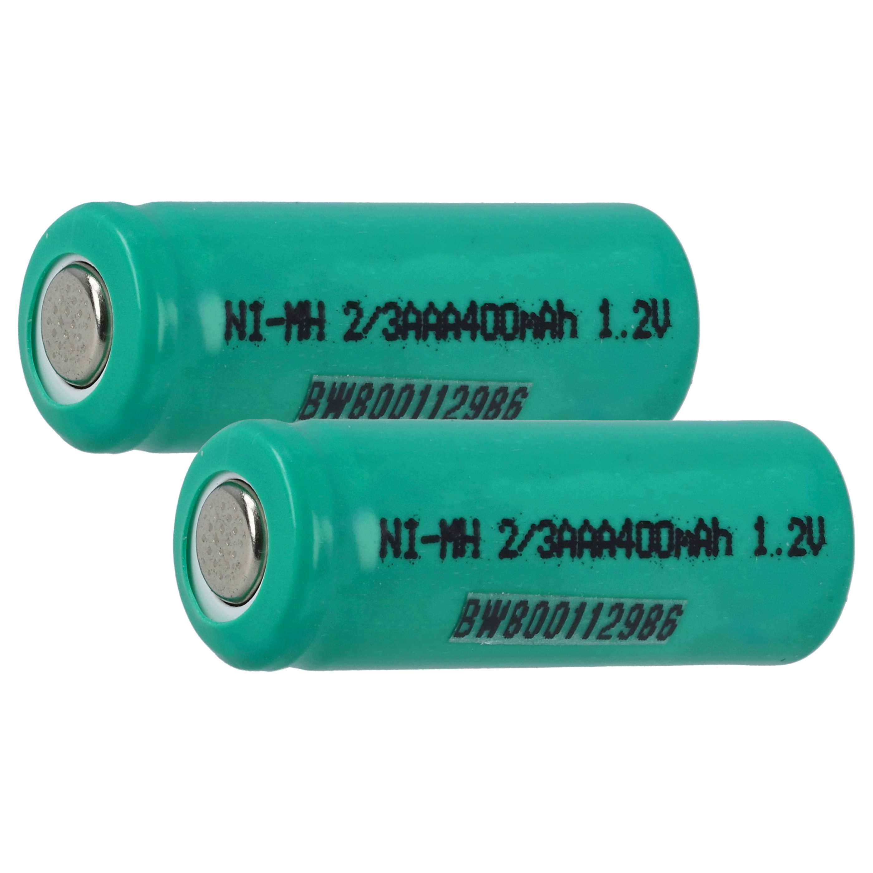 Zwei grüne AAA-Batterien auf weißem Hintergrund. Jede Batterie hat schwarzen Text mit ihren Spezifikationen.