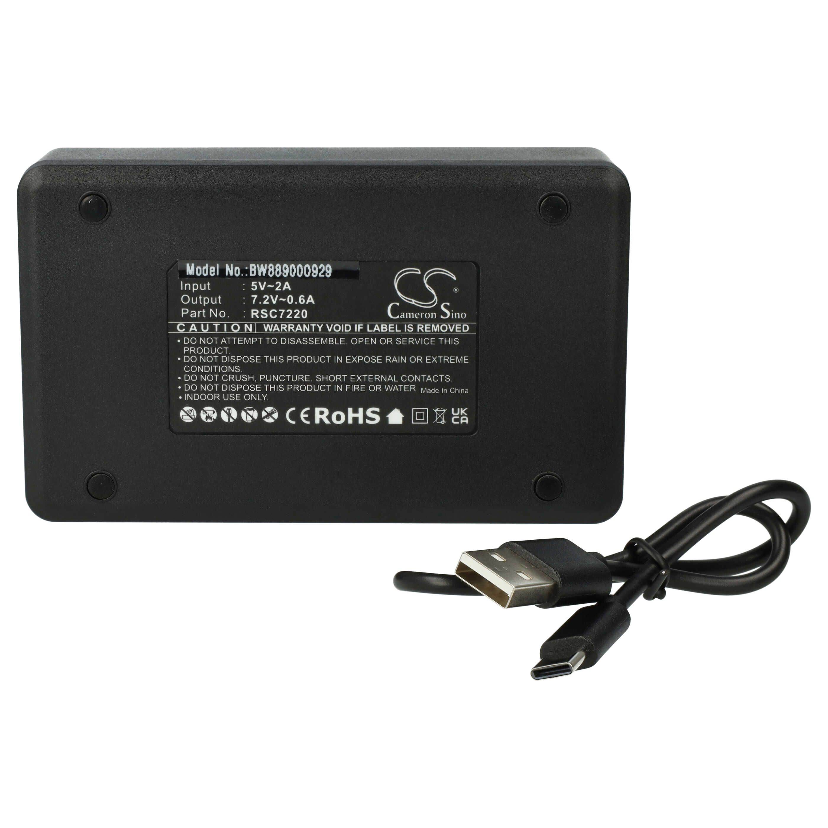Ein schwarzes Akkupack mit USB-Kabel. Text auf dem Pack: Model No. BW889000929, Cameron Sino.