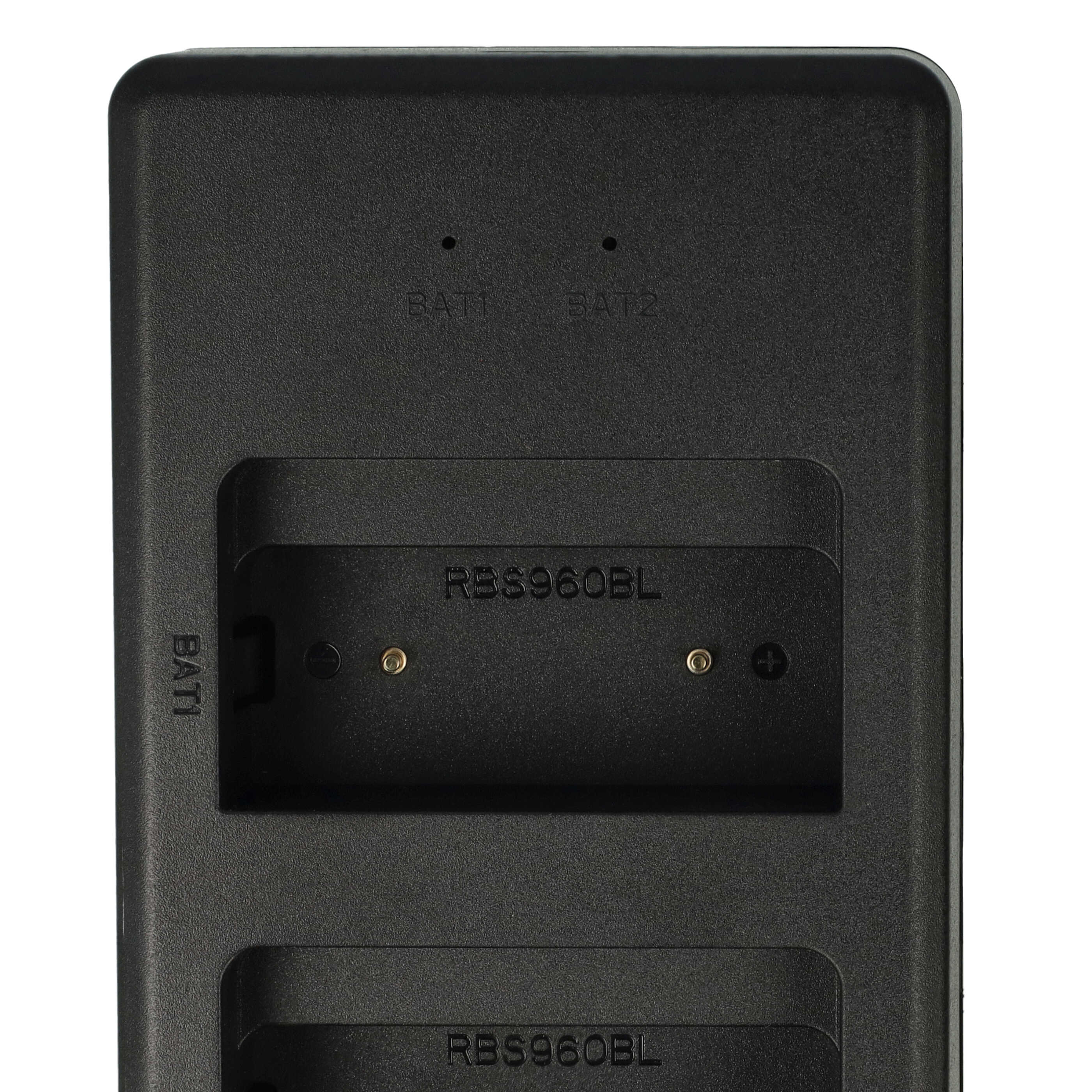 Ein schwarzes Batterieladegerät mit zwei Schlitzen und dem Text RBS960BL. Das Ladegerät hat den Text BATT und SAT2.