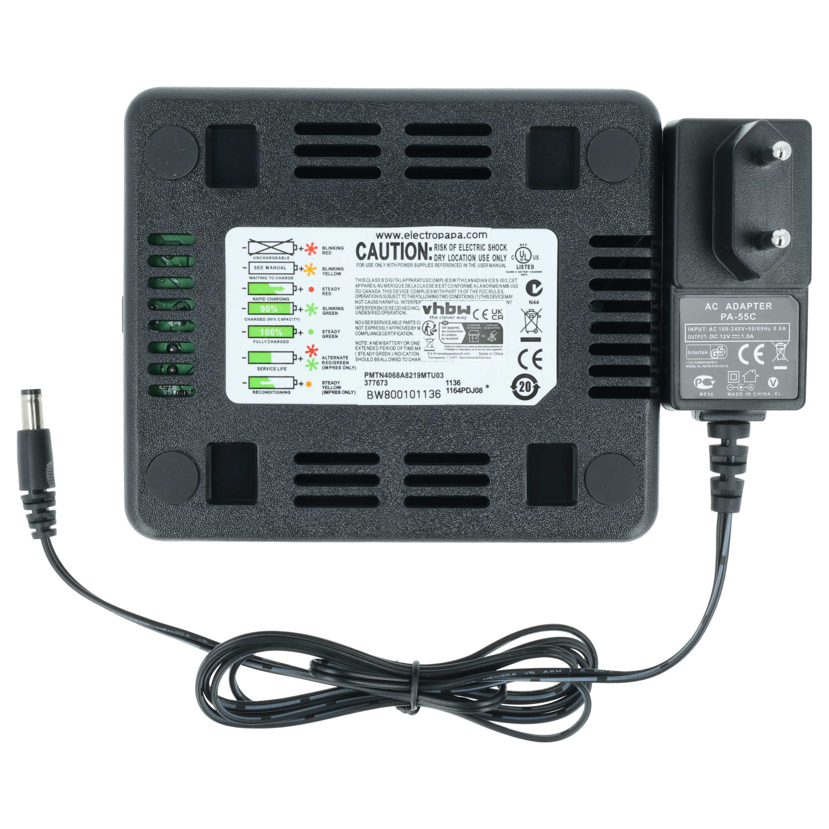 Schwarzes Batterieladegerät mit Netzteil und Kabel. Es hat Ladezustandsanzeigen.