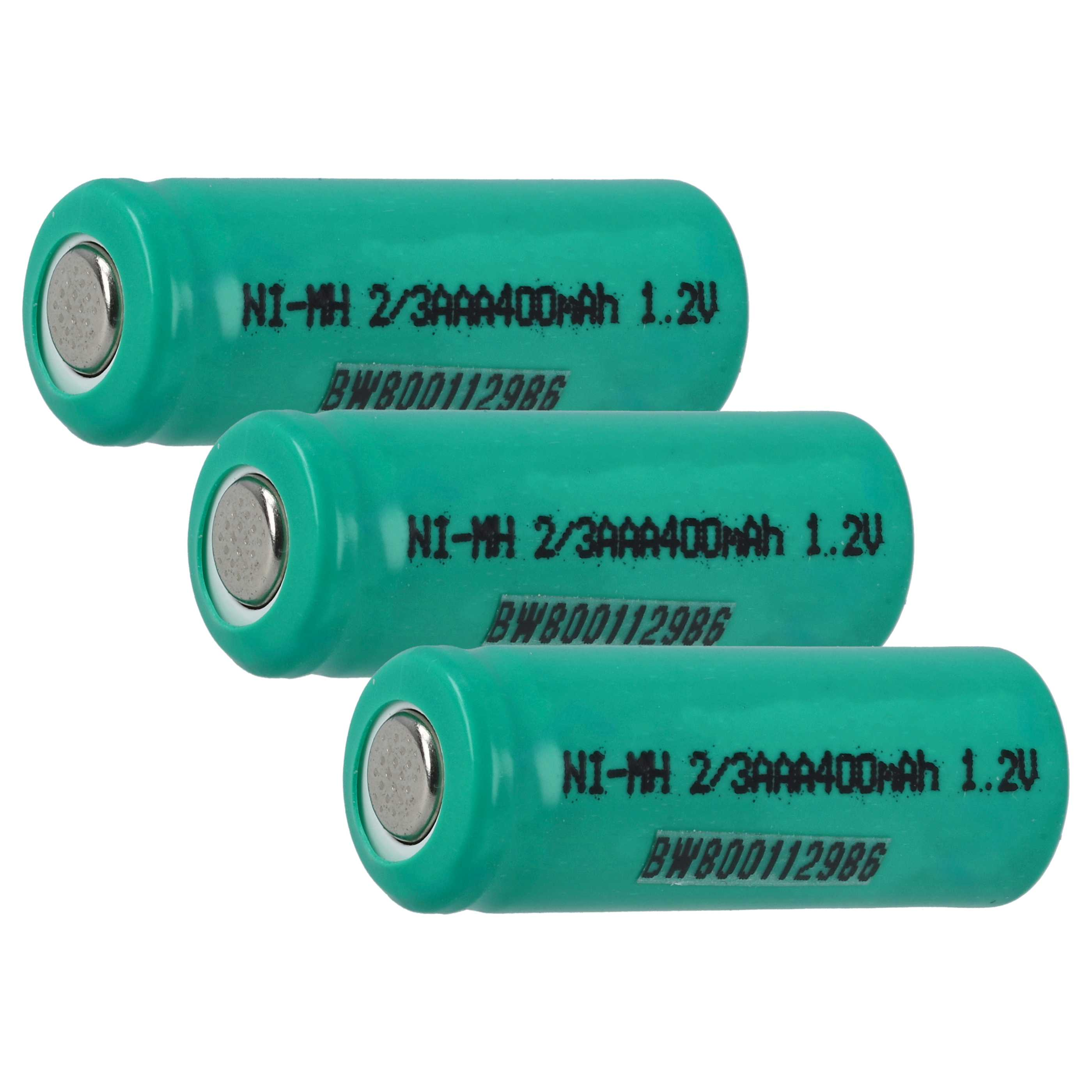 Drei grüne Ni-MH-Batterien werden gezeigt. Jede hat Text: Ni-MH 2/3AAA400mAh 1.2V und BW800112986.