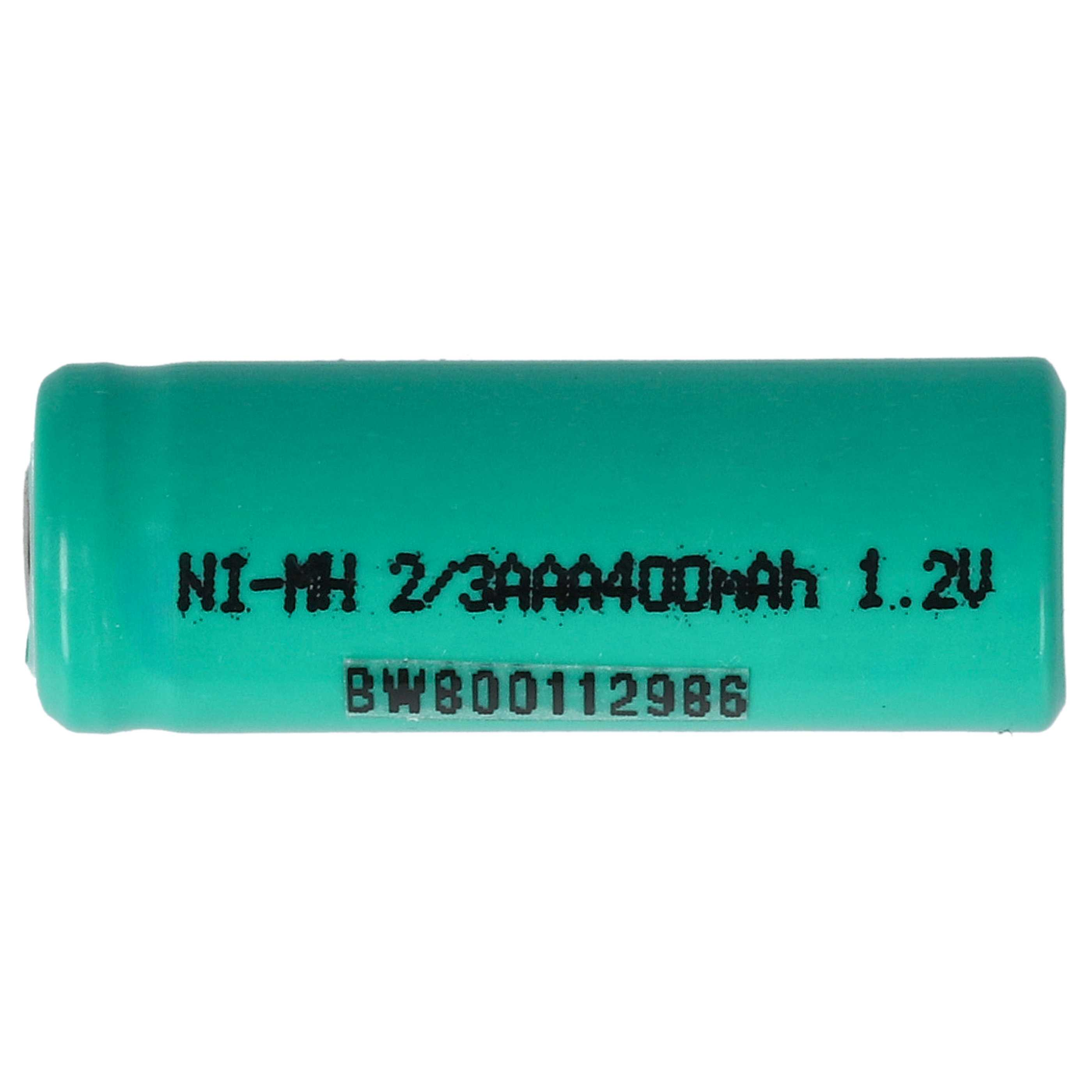 Eine grüne Batterie mit schwarzem Text. Der Text lautet 'NI-MH 2/3AAA400mAh 1.2V'. Unten steht 'BW800112986'.