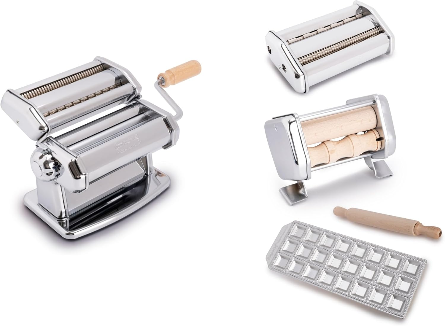 Una collezione di strumenti per fare la pasta, tra cui una macchina per la pasta, rulli e uno stampo per ravioli, il tutto su sfondo bianco.