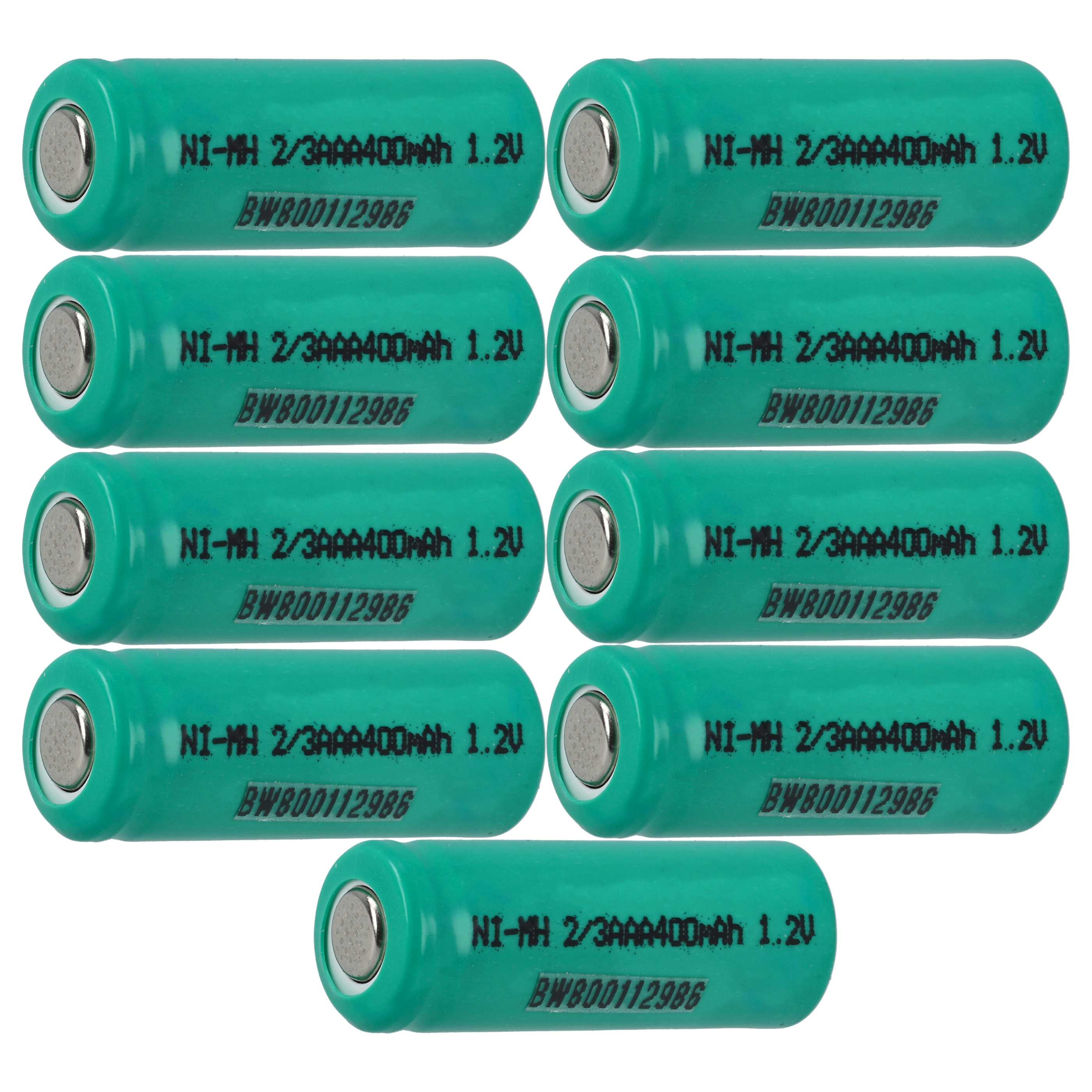 Neun grüne zylindrische Batterien, jede mit der Aufschrift 'NI-MH 2/3AAA400mAh 1.2V' und einem Produktcode, auf weißem Hintergrund.