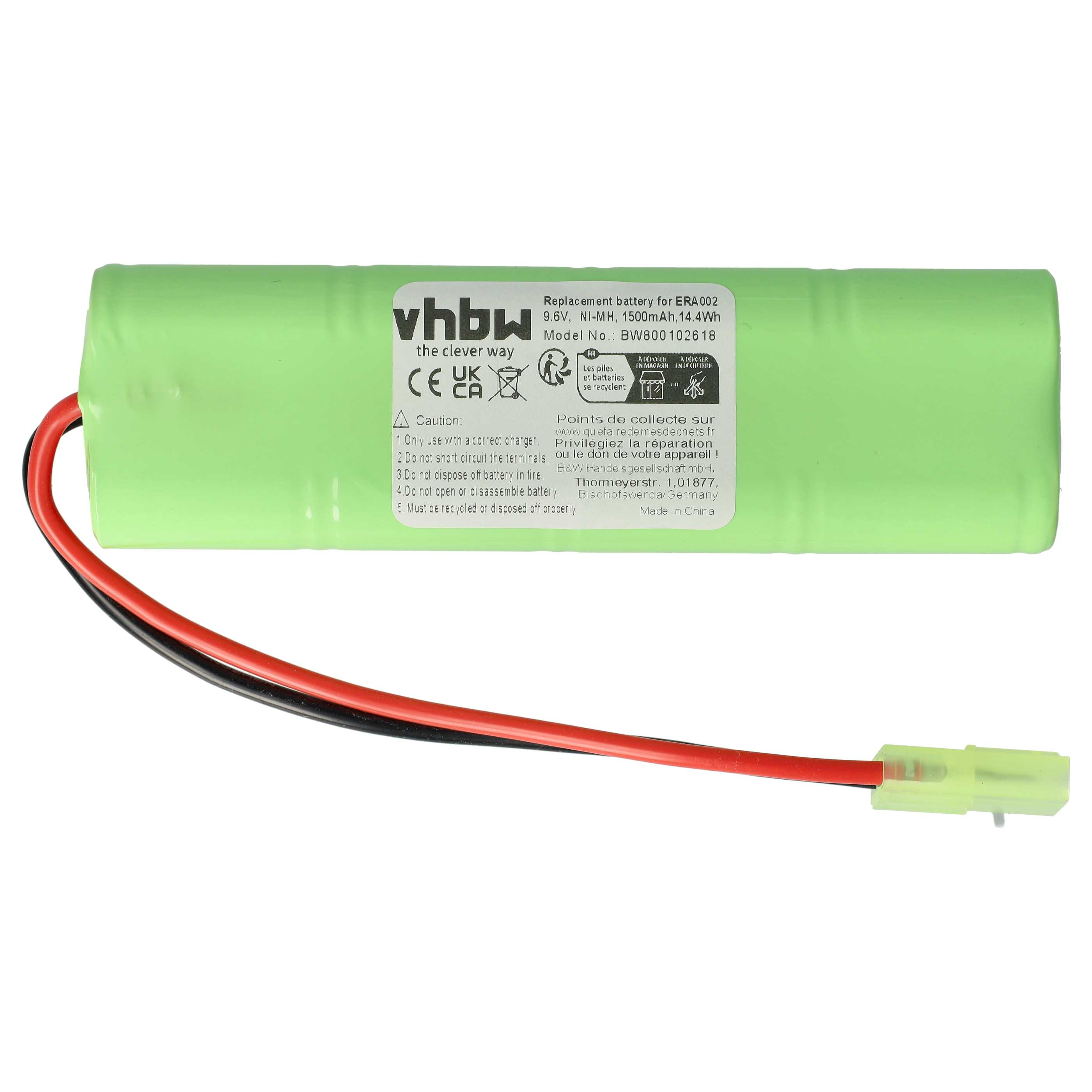 Grüne Batterie mit schwarzen und roten Drähten und einem gelben Stecker. Text auf der Batterie gibt Spezifikationen an.