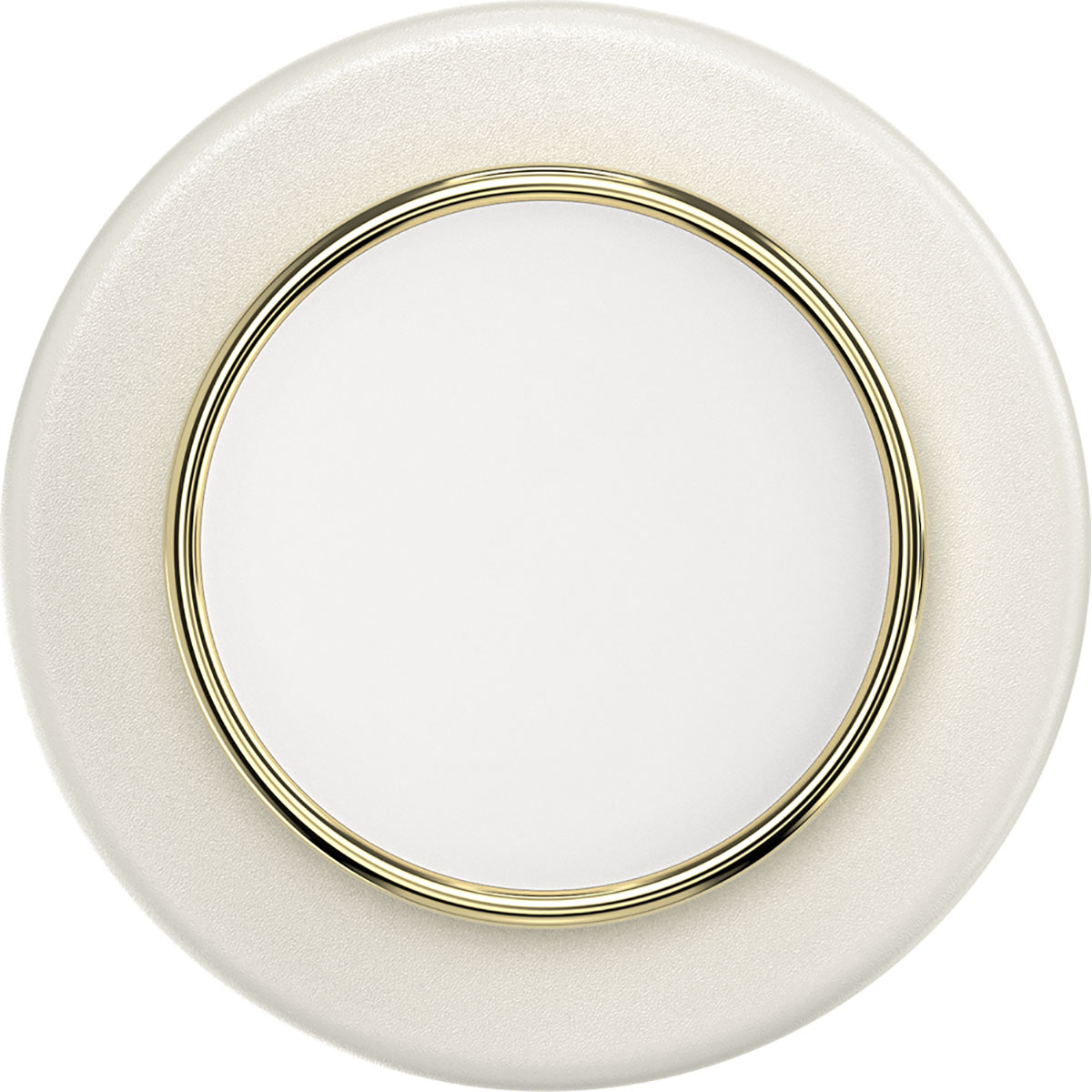 Ein cremefarbenes rundes Objekt mit goldenem Ring und weißer Mitte. Der äußere Ring hat eine strukturierte Oberfläche.