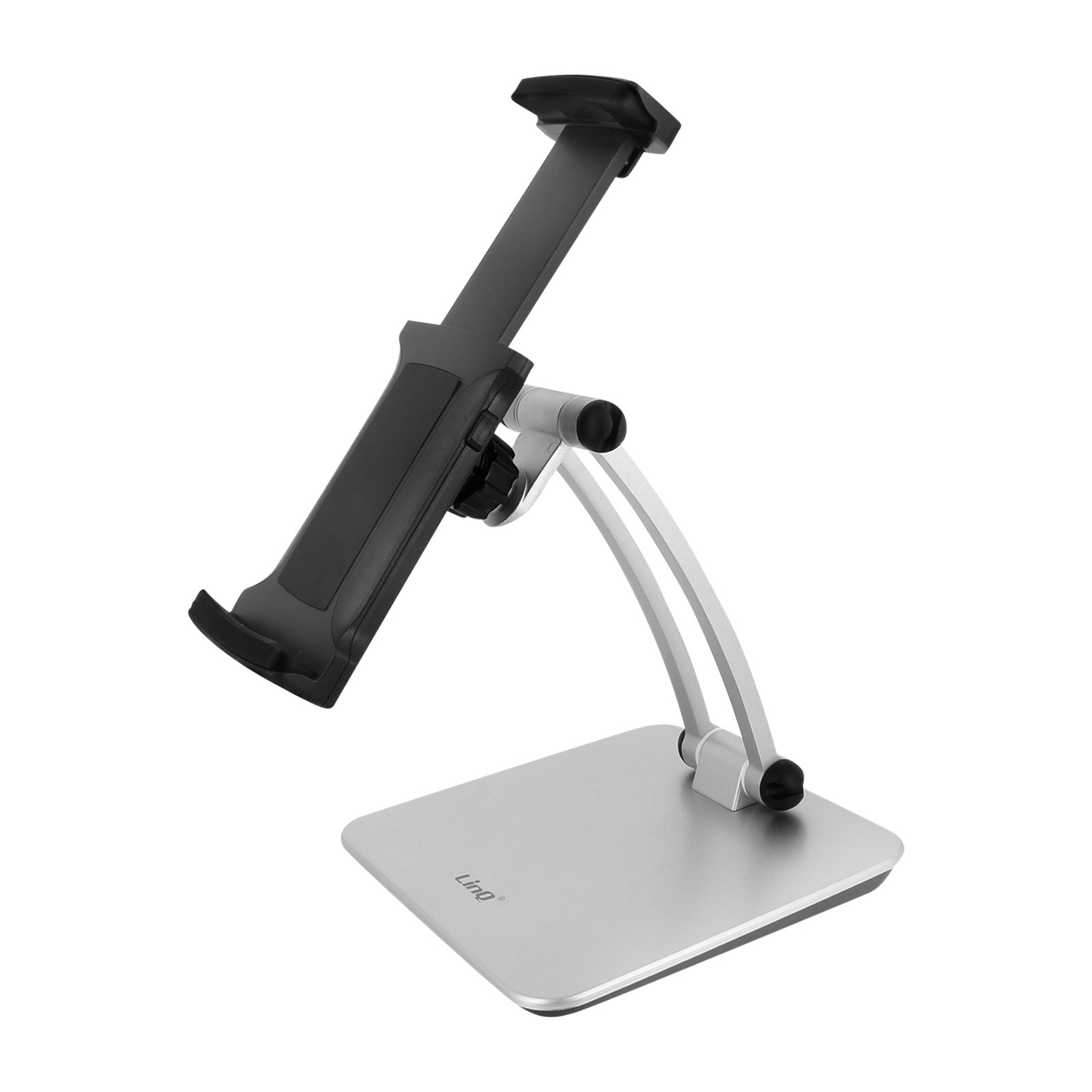 Un supporto per tablet argentato con un supporto nero. La base è quadrata con il marchio Linq. Il supporto è regolabile.
