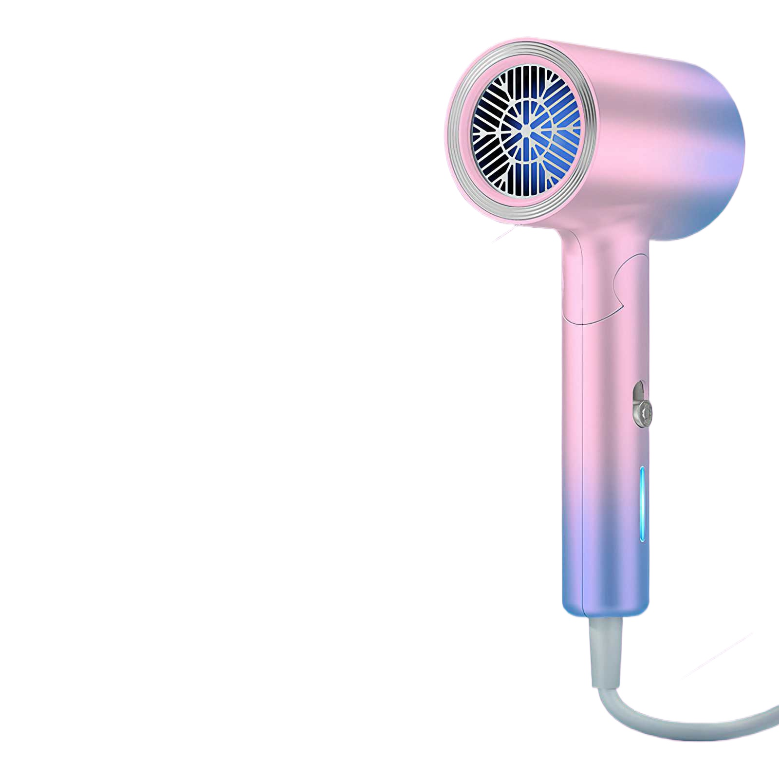 Ein rosa-blauer Haartrockner vor weißem Hintergrund. Der Trockner hat einen Ventilator und ein Netzkabel.