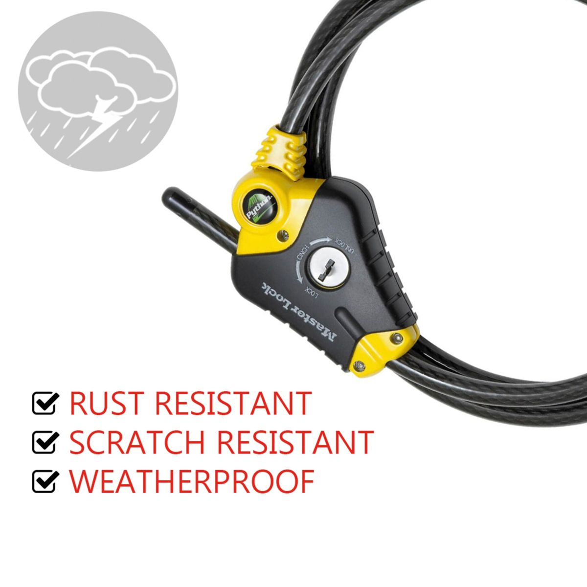 Schwarz-gelbes Master Lock Fahrradschloss mit Kabel. Oben links ein Wettersymbol und Text, der Funktionen anzeigt.