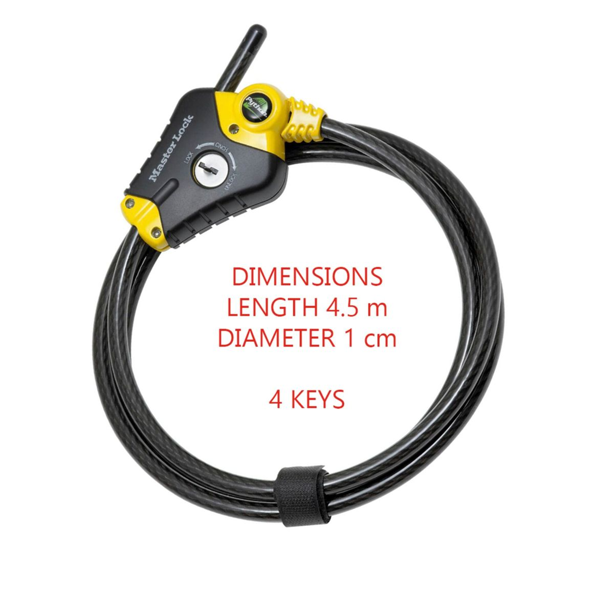 Ein schwarz-gelbes Master Lock Kabelschloss. Maße: 4,5 m Länge, 1 cm Durchmesser. Enthält 4 Schlüssel. Das Schloss befindet sich auf weißem Hintergrund.