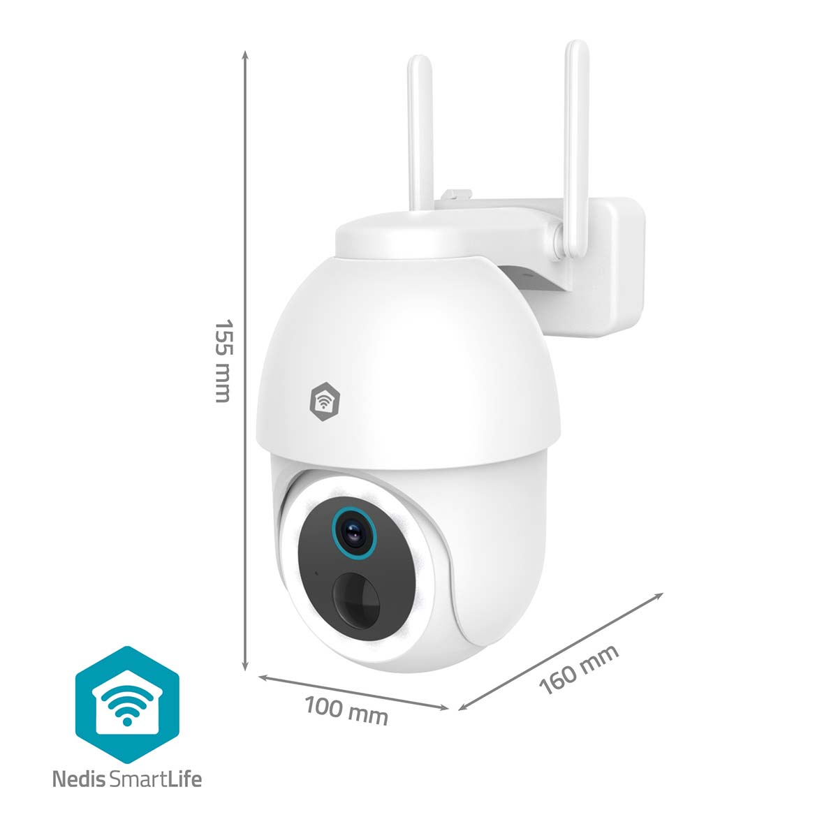 Eine weiße Überwachungskamera mit zwei Antennen, Abmessungen: 155 mm, 160 mm und 100 mm. Das Nedis SmartLife-Logo ist sichtbar.