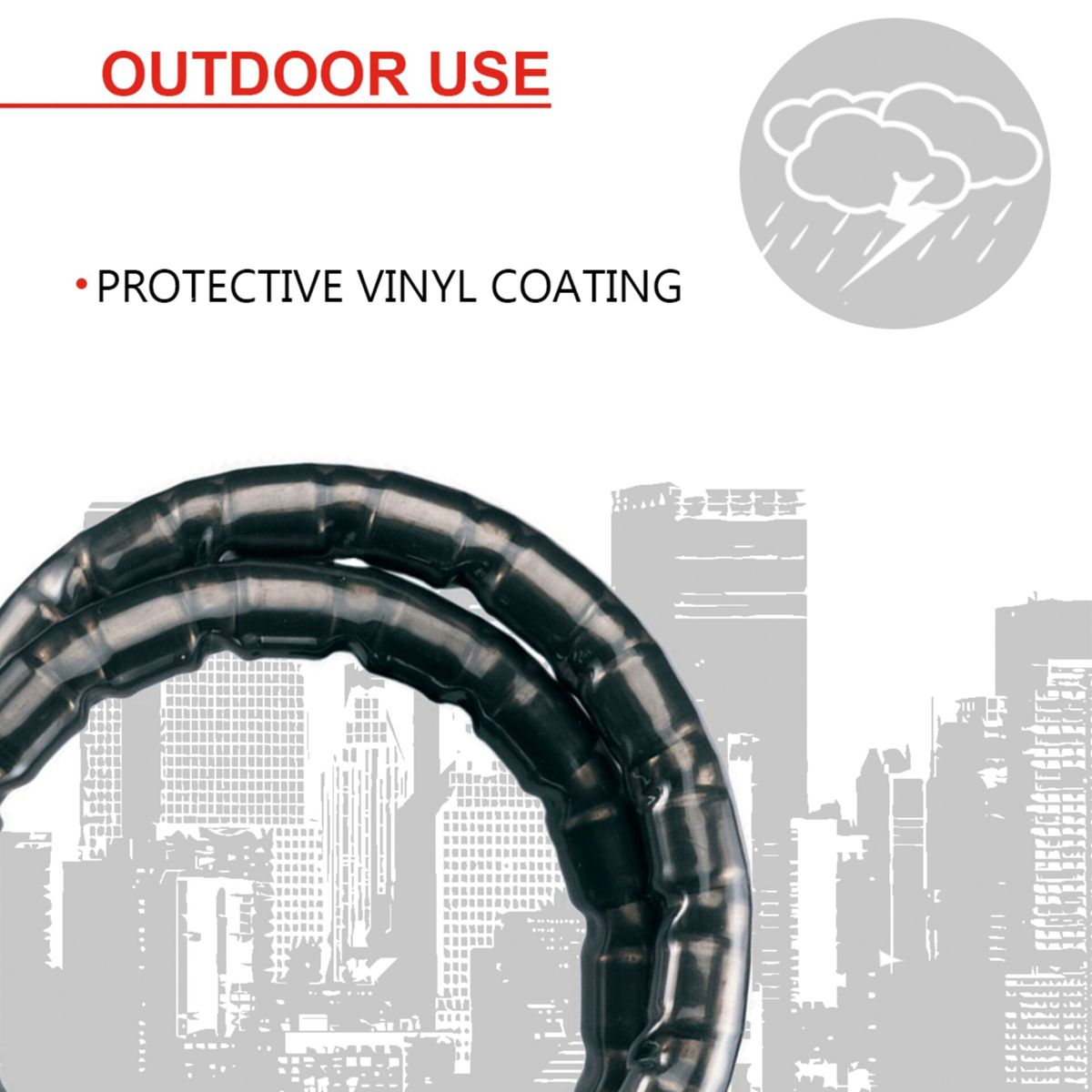 Das Bild zeigt ein schwarzes, gebogenes Objekt, wahrscheinlich ein Schloss. Der Text lautet 'OUTDOOR USE' und 'PROTECTIVE VINYL COATING'. Im Hintergrund ein Wettersymbol.