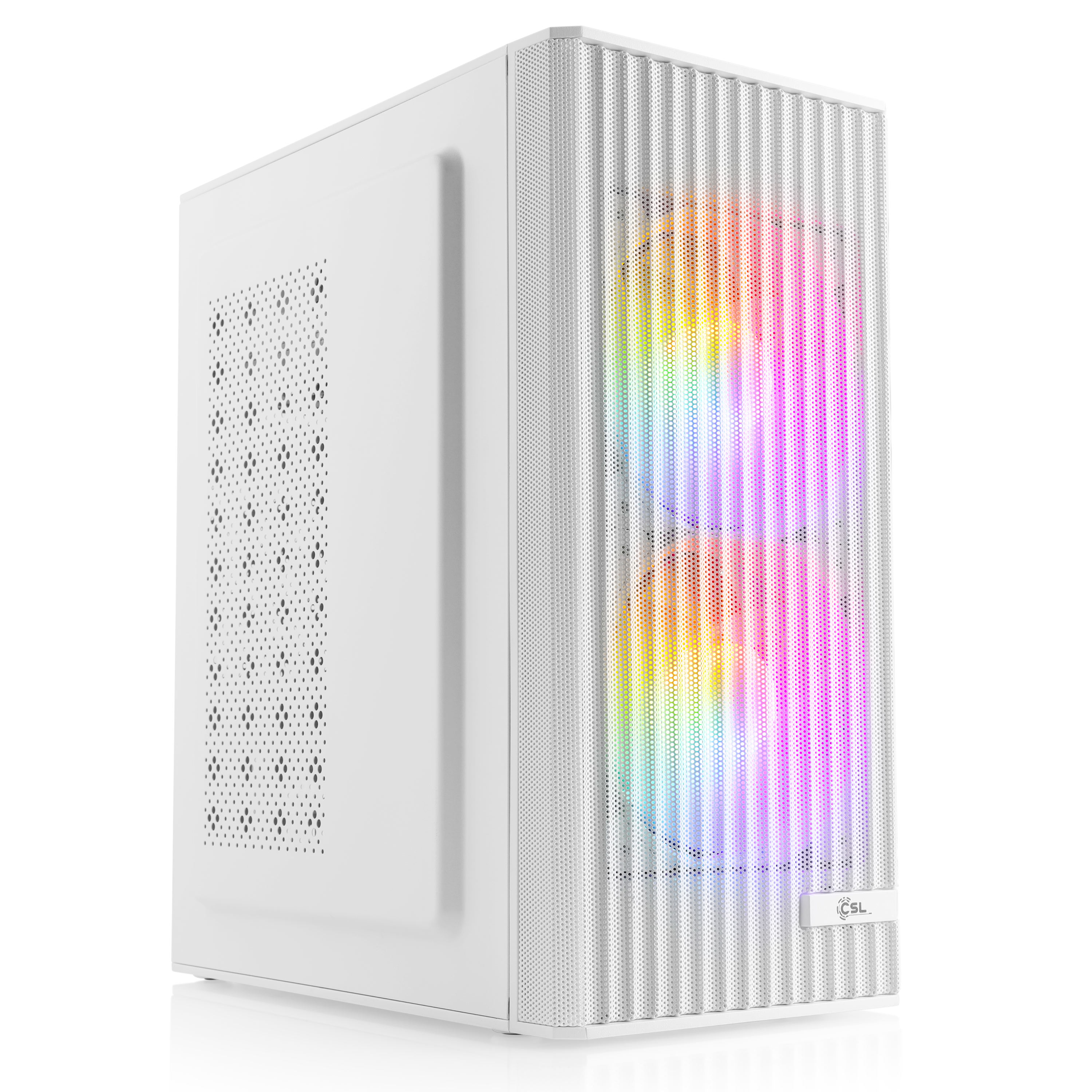 Weißes Computergehäuse mit perforierter Front, Regenbogenlichtern und einem CSL-Logo.