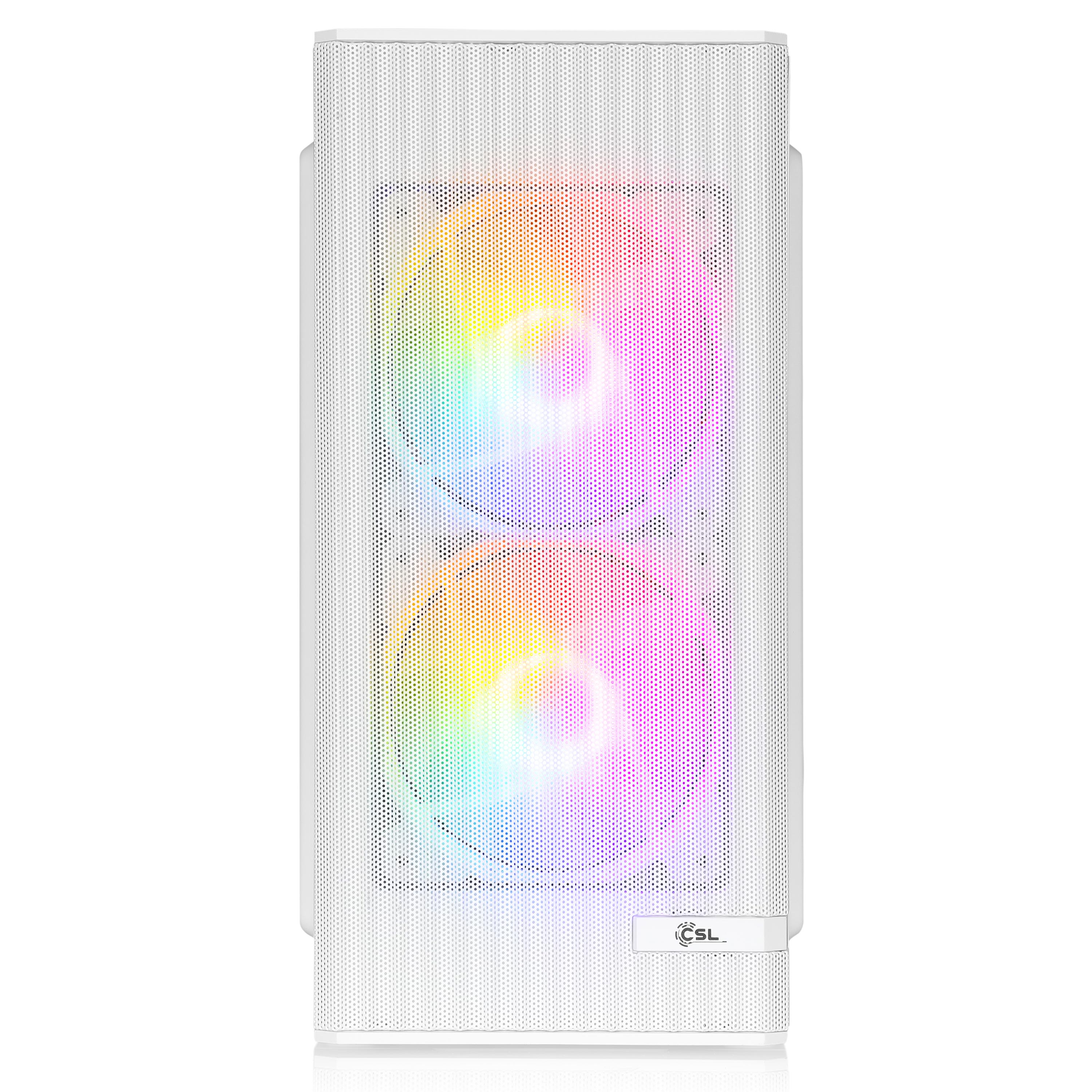 Weißes Computergehäuse mit perforierter Frontplatte, Regenbogen-LED-Lüfter durch das Gitter sichtbar.