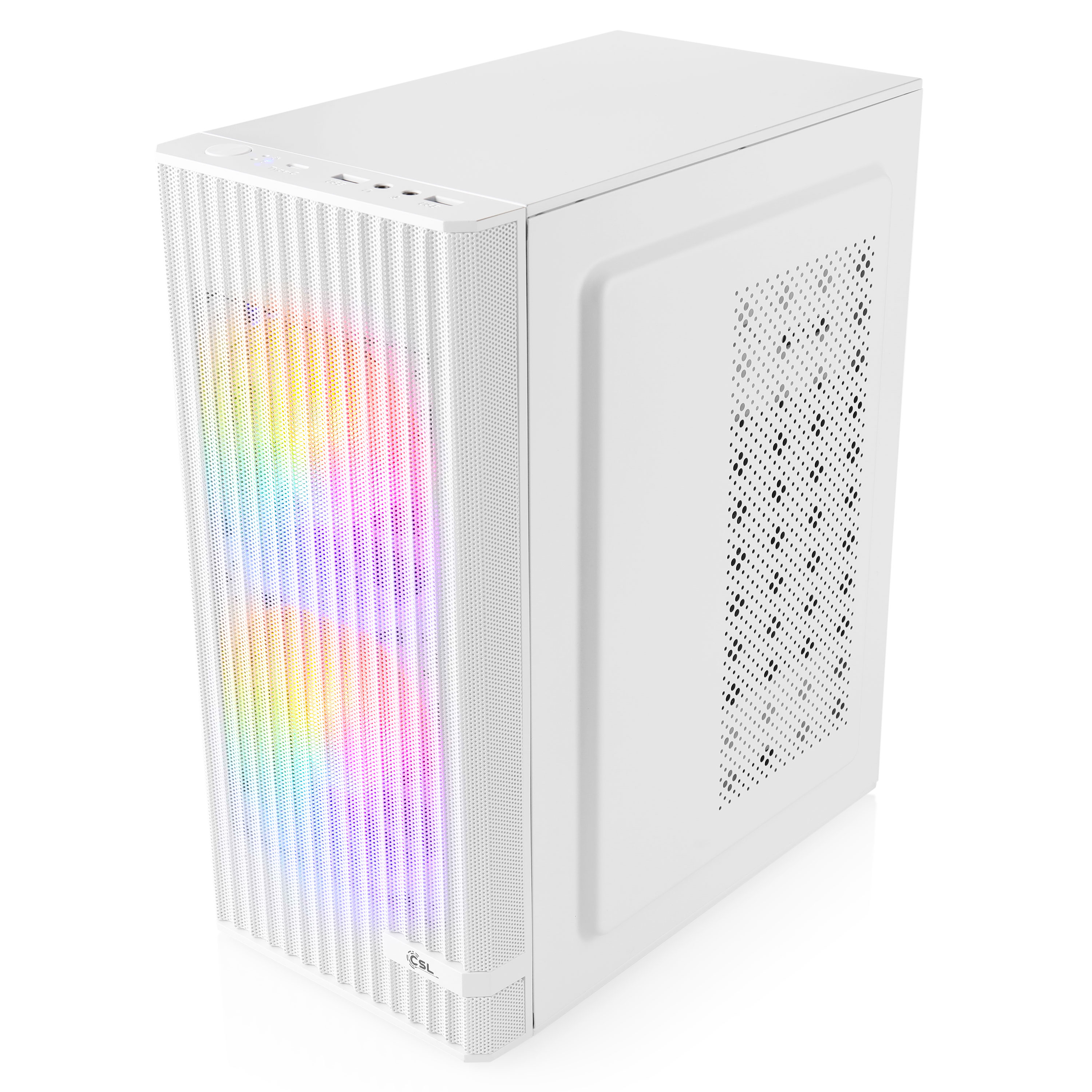 Weißes Computergehäuse mit perforierter Front. Die Front zeigt regenbogenfarbene Lichter.
