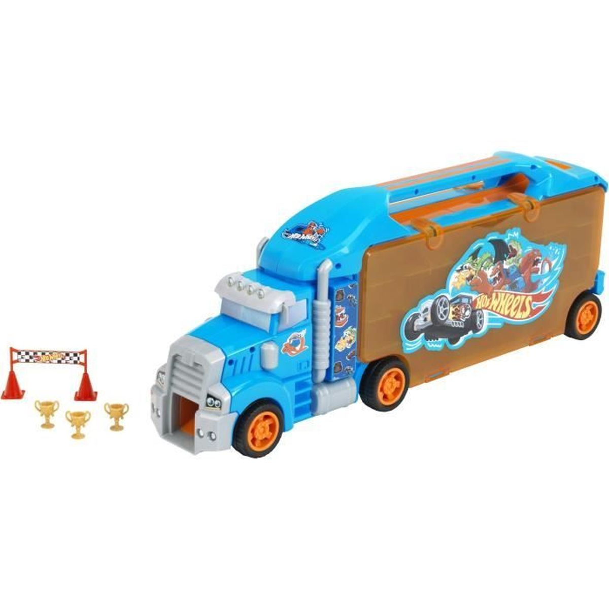 Ein blau-braunes Hot-Wheels-Truck-Spielzeug mit orangefarbenen Rädern, einer kleinen Ziellinie und drei goldenen Trophäen.