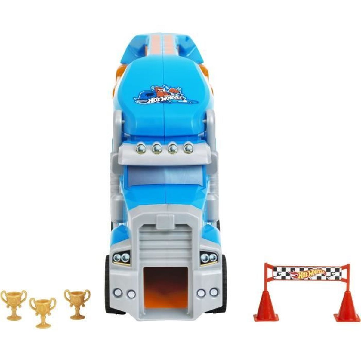 Ein Spielzeug-Hot-Wheels-Truck mit Trophäen, einer Ziellinie und Kegeln. Der Truck ist blau, grau und orange. Der Hintergrund ist weiß.