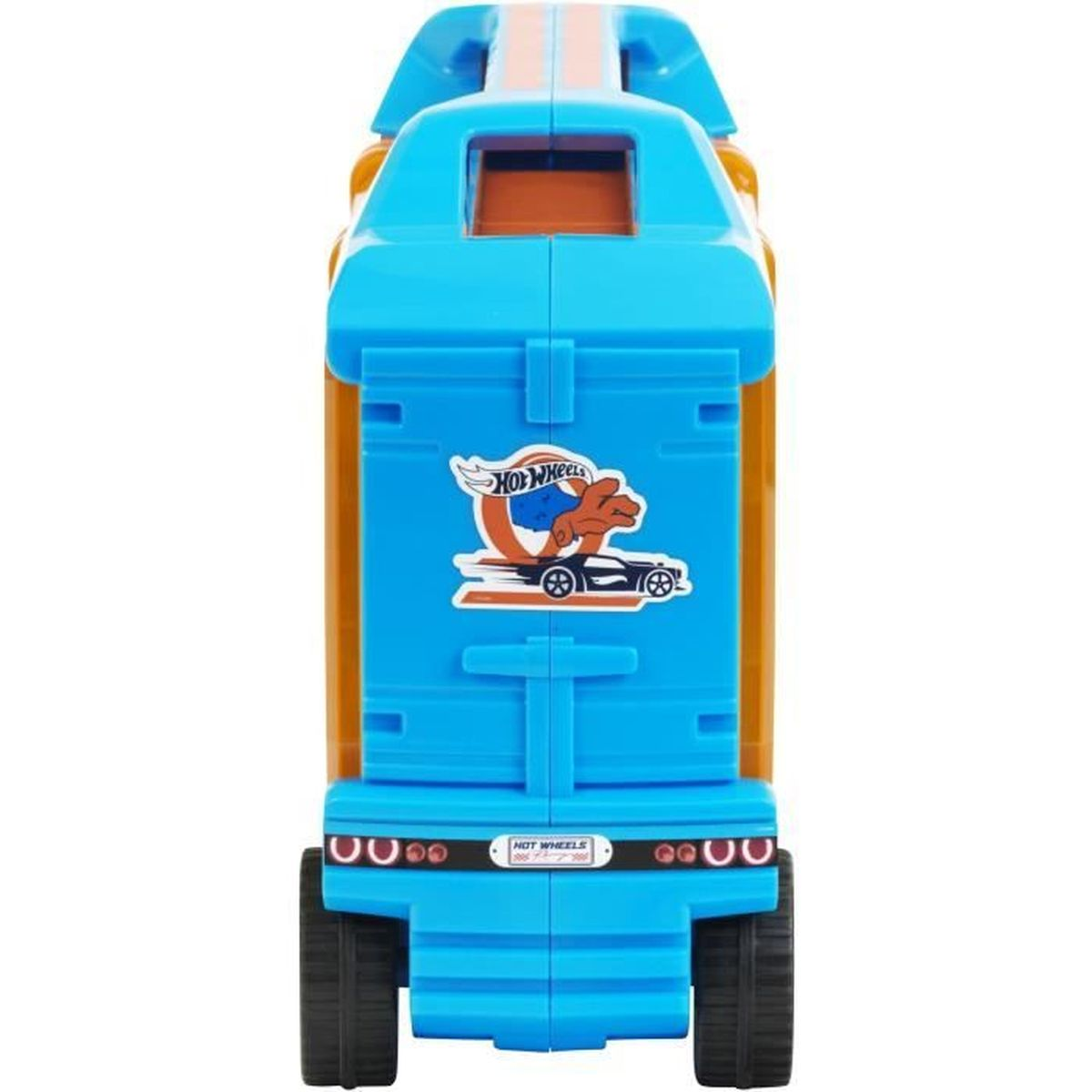 Ein blau-oranger Hot-Wheels-Spielzeug-LKW mit Logo vorne. Schwarze Reifen und ein weißes Hot-Wheels-Logo unten.