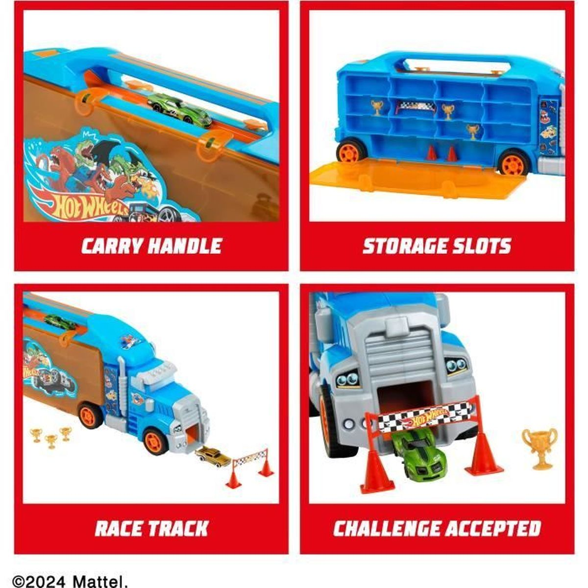 Vier Bilder zeigen ein Hot Wheels Spielset. Enthält Tragegriff, Aufbewahrungsschlitze, Rennstrecke und „Challenge Accepted“-Setups mit Spielzeugautos.