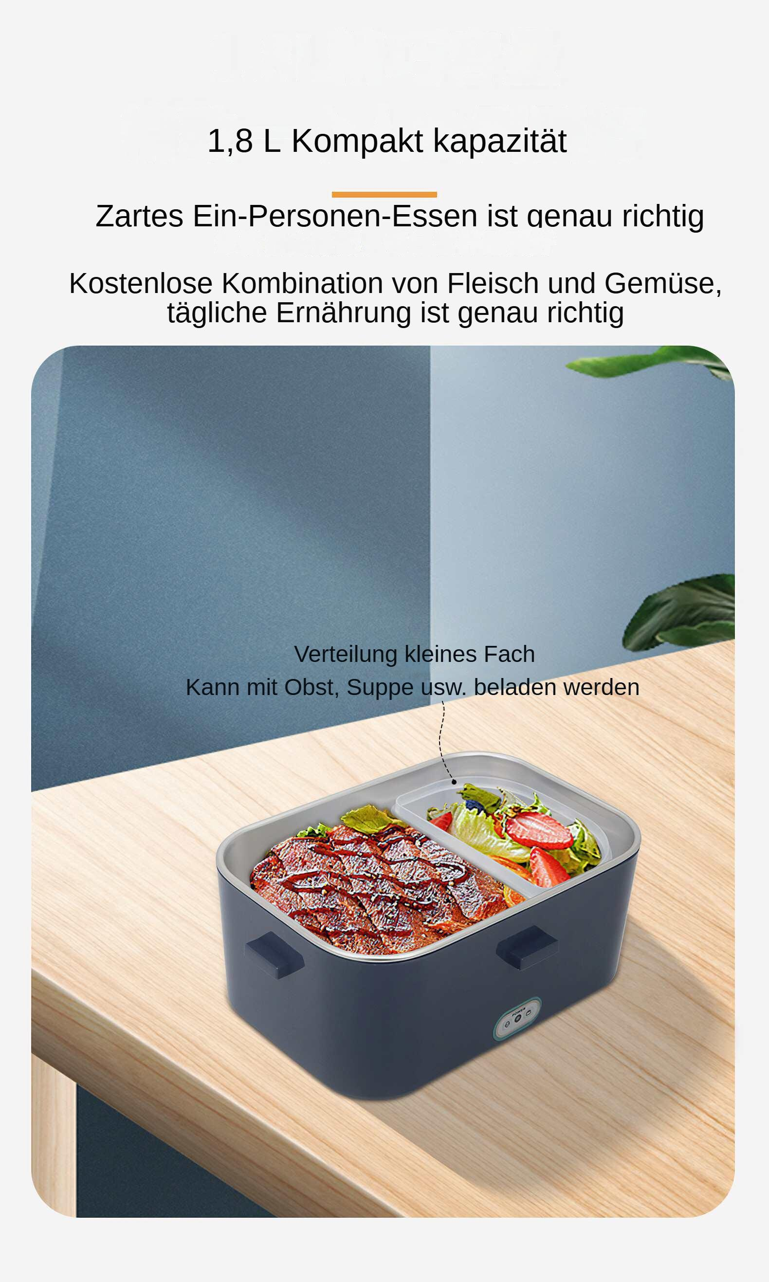 Eine dunkelblaue Lunchbox mit zwei Fächern, eines mit Fleisch und eines mit Salat, liegt auf einer Holzoberfläche.