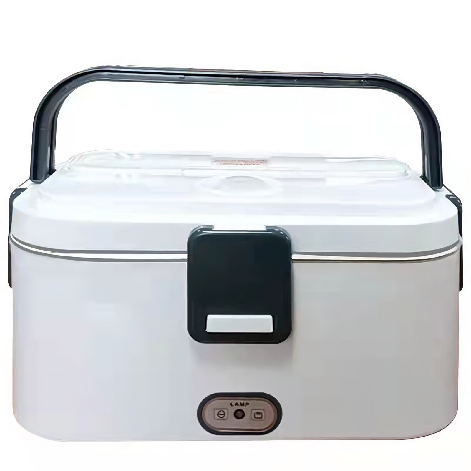 Eine weiße elektrische Lunchbox mit schwarzem Griff und Riegel sowie einem Bedienfeld mit der Aufschrift 'LAMP'.