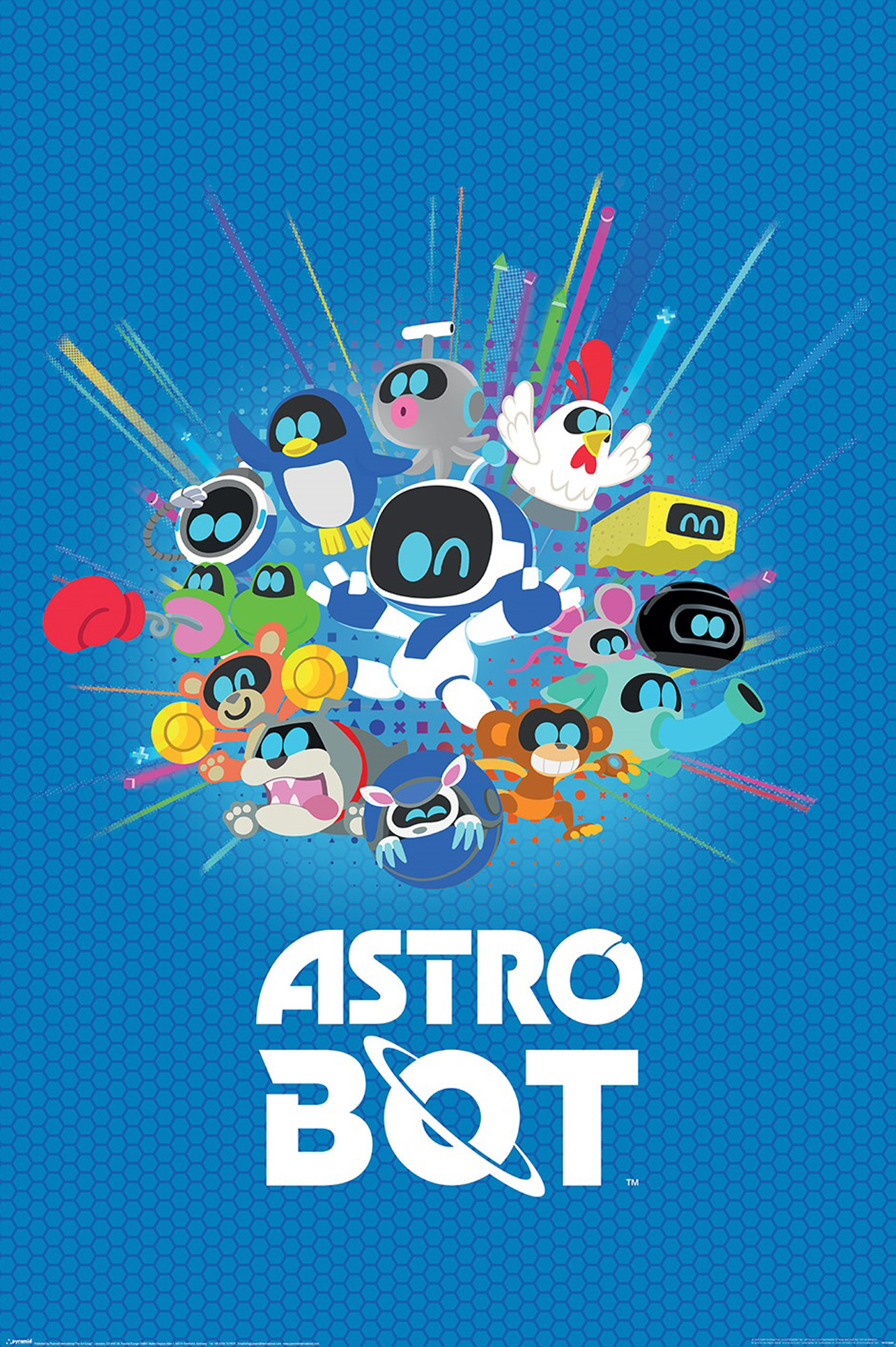 Astro Bot-Poster. Verschiedene Robotercharaktere in Blau, Weiß und Gelb sind auf einem blauen Wabenhintergrund angeordnet.