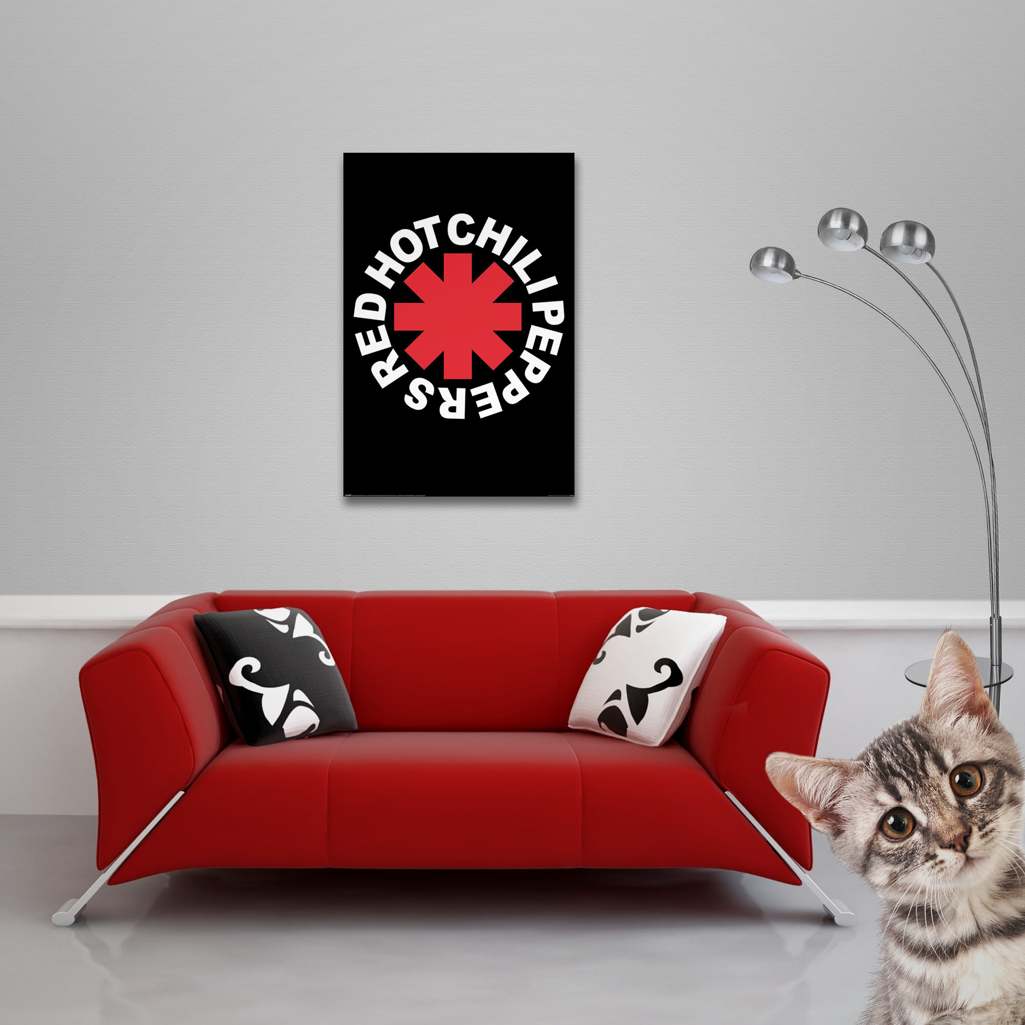 Ein rotes Sofa mit Kissen, ein Red Hot Chili Peppers Poster, eine Lampe und ein Kätzchen, das in die Kamera schaut.