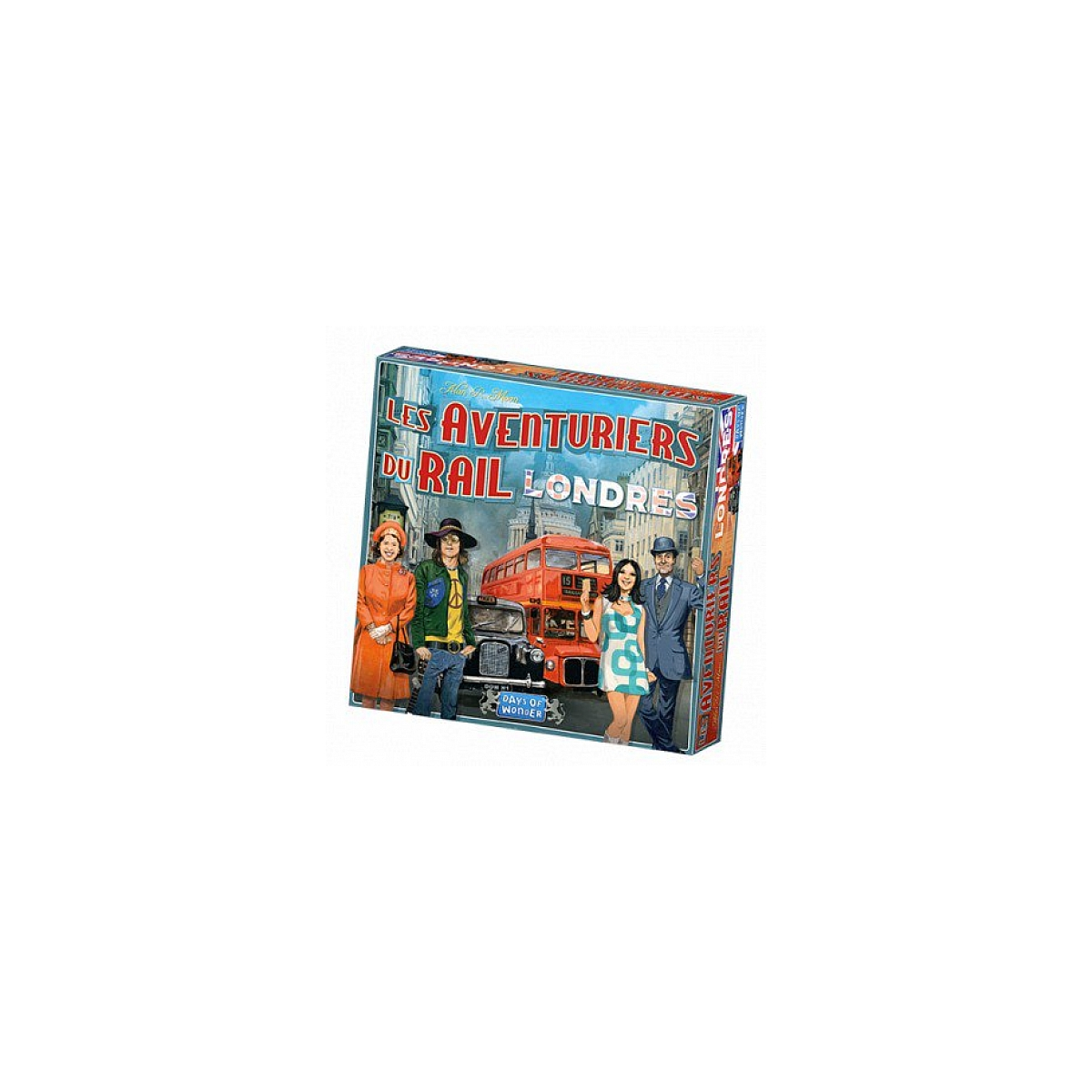 Schachtelkunst für ein Brettspiel. Zeigt Londoner Charaktere vor einem roten Bus. Titel lautet 'Les Aventuriers du Rail Londres'.