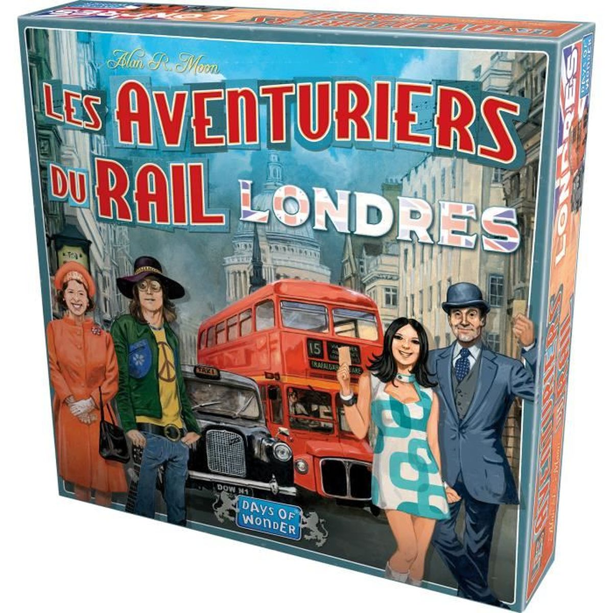 Schachtelkunst für 'Les Aventuriers du Rail Londres'. Es zeigt einen Doppeldeckerbus, Menschen, ein Taxi und Londoner Gebäude im Hintergrund.