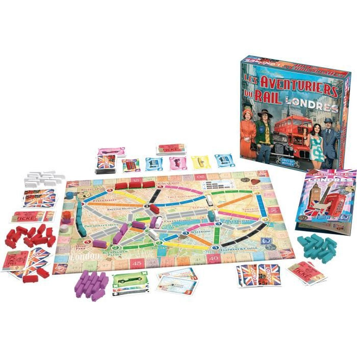 Ein Brettspiel namens 'Les Aventuriers du Rail Londres' ist ausgebreitet und zeigt eine Karte, Spielsteine, Karten und eine Box mit Menschen.