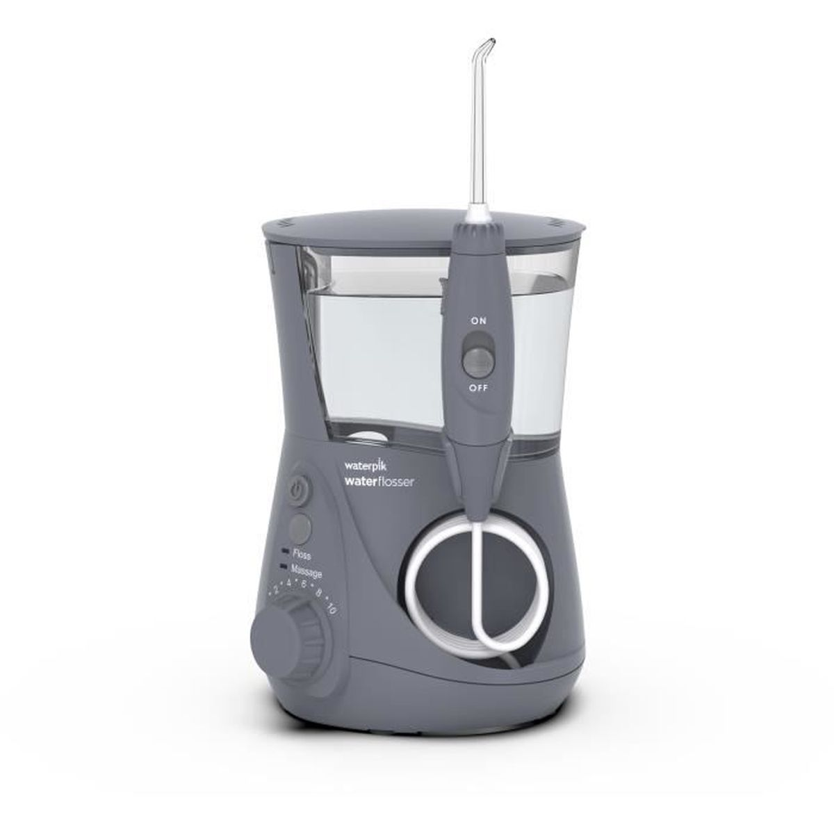 Ein grauer Waterpik-Wasserflosser. Er hat einen Wasserbehälter, einen Ein-/Ausschalter und ein Rad zur Einstellung des Drucks.