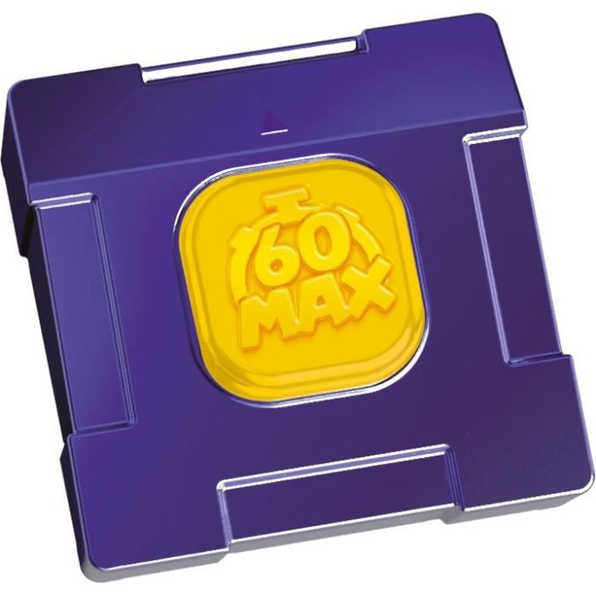 Eine lila, rechteckige Box mit einem gelben Quadrat in der Mitte. Das Quadrat zeigt '60 MAX'.