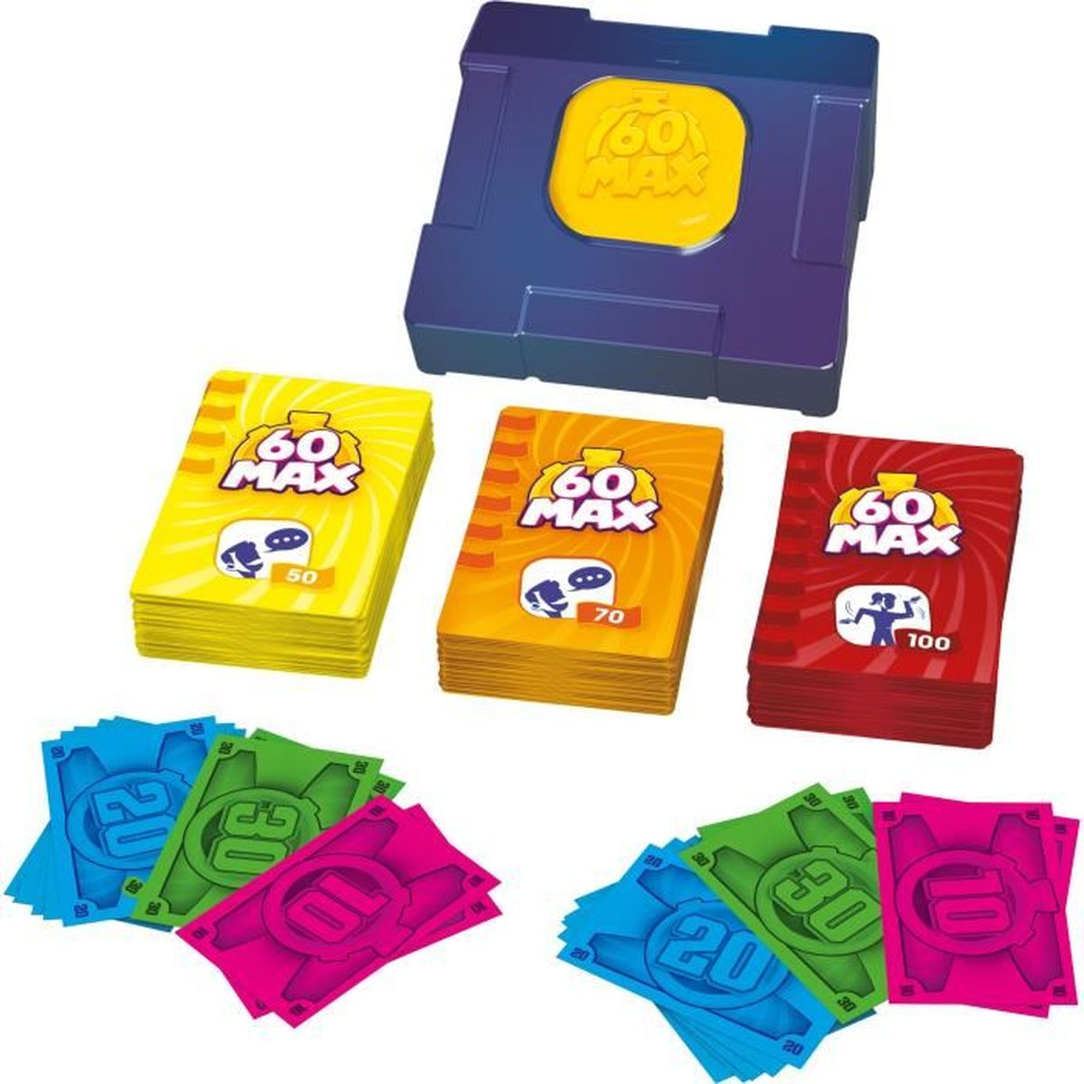 Spielbox mit Karten. Gelbe, orange und rote Decks. Blaue, grüne und rosa Karten mit Zahlen. "60 MAX" auf Karten gedruckt.