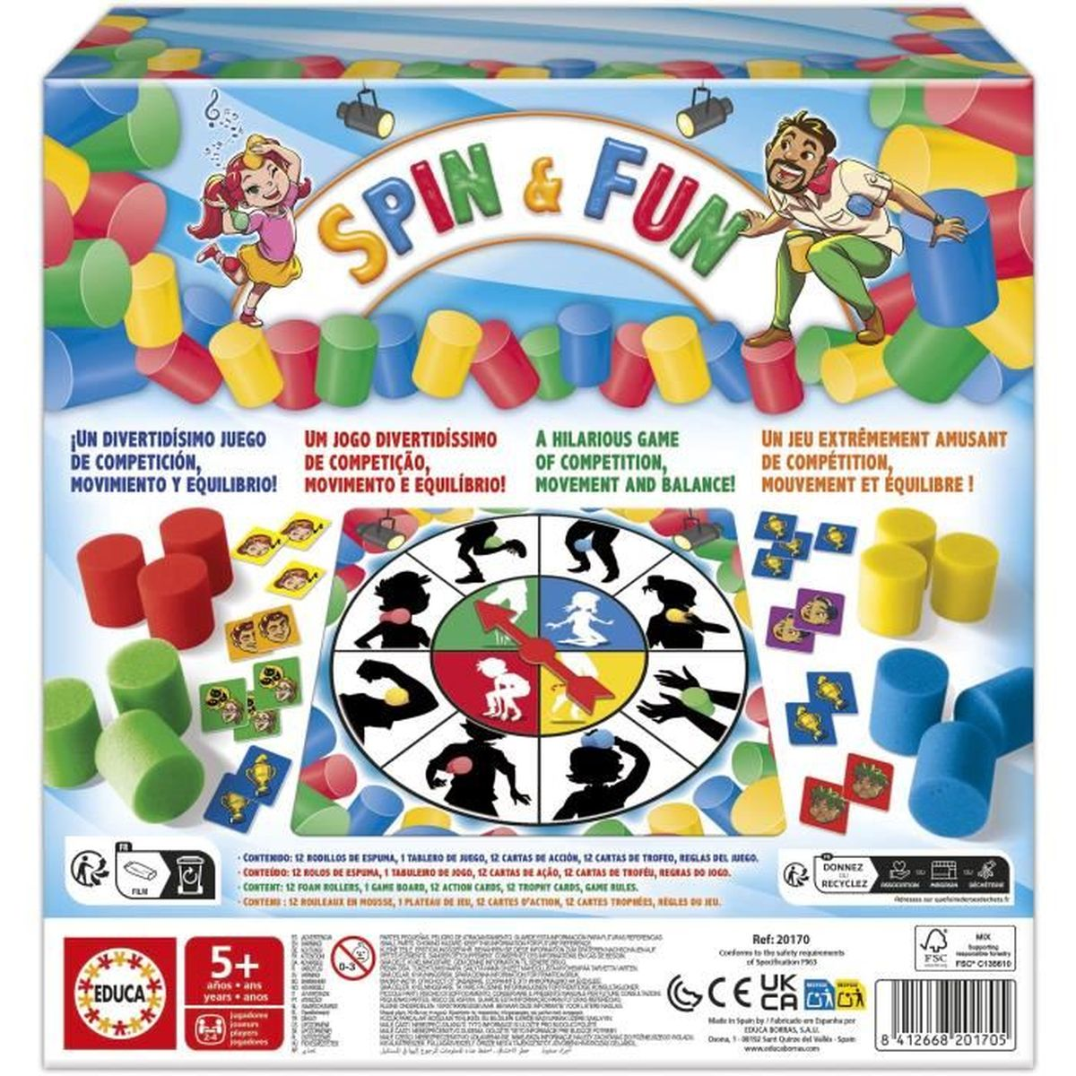 Caja del juego Spin & Fun. Incluye tablero, cartas y rodillos de espuma. Personajes de dibujos animados jugando en la caja.
